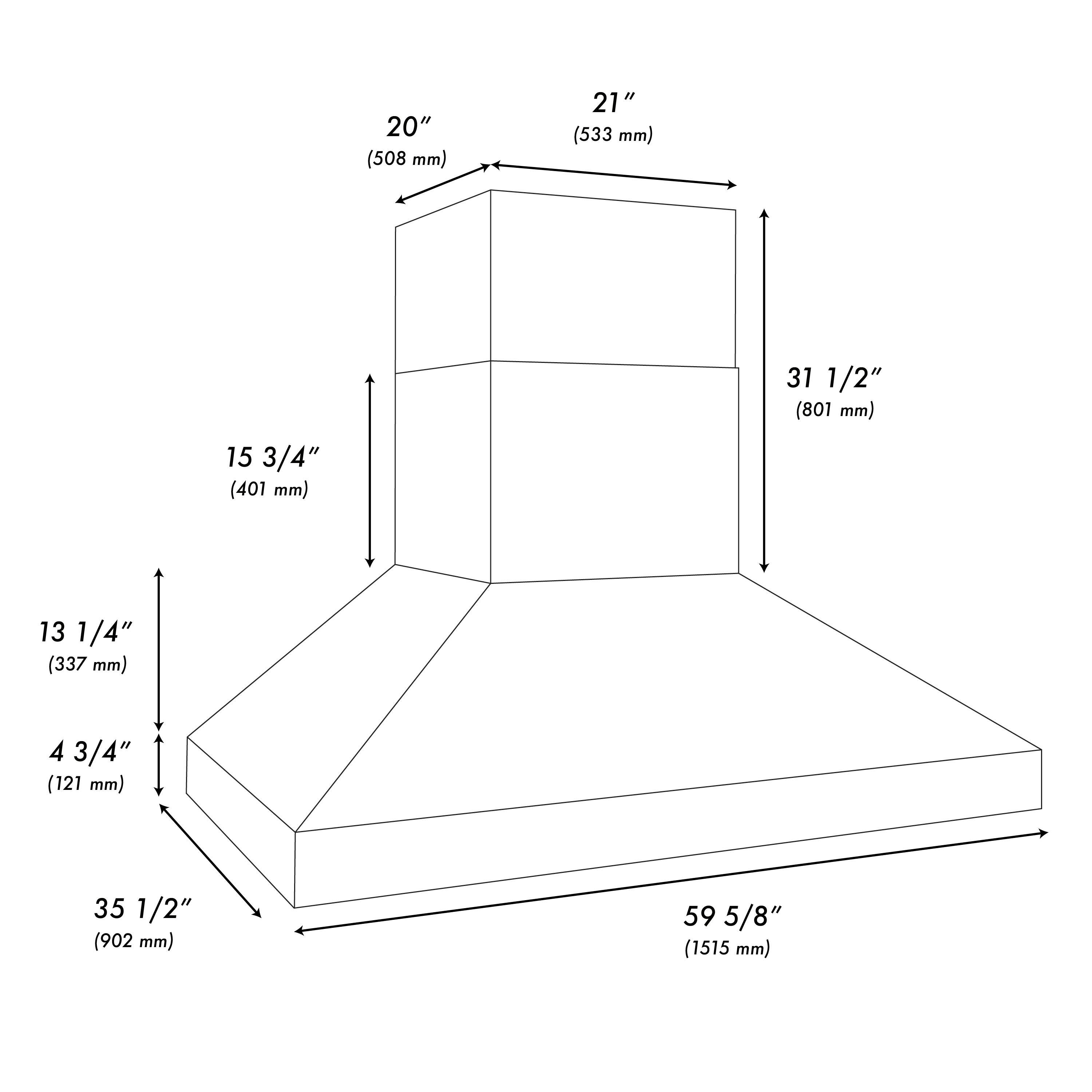 The text on the image is grouped and corrected as follows:

20" (508 mm)
21" (533 mm)
31 1/2" (801 mm)
15 3/4" (401 mm)
13 1/4" (337 mm)
4 3/4" (121 mm)
35 1/2" (902 mm)
59 5/8" (1515 mm)