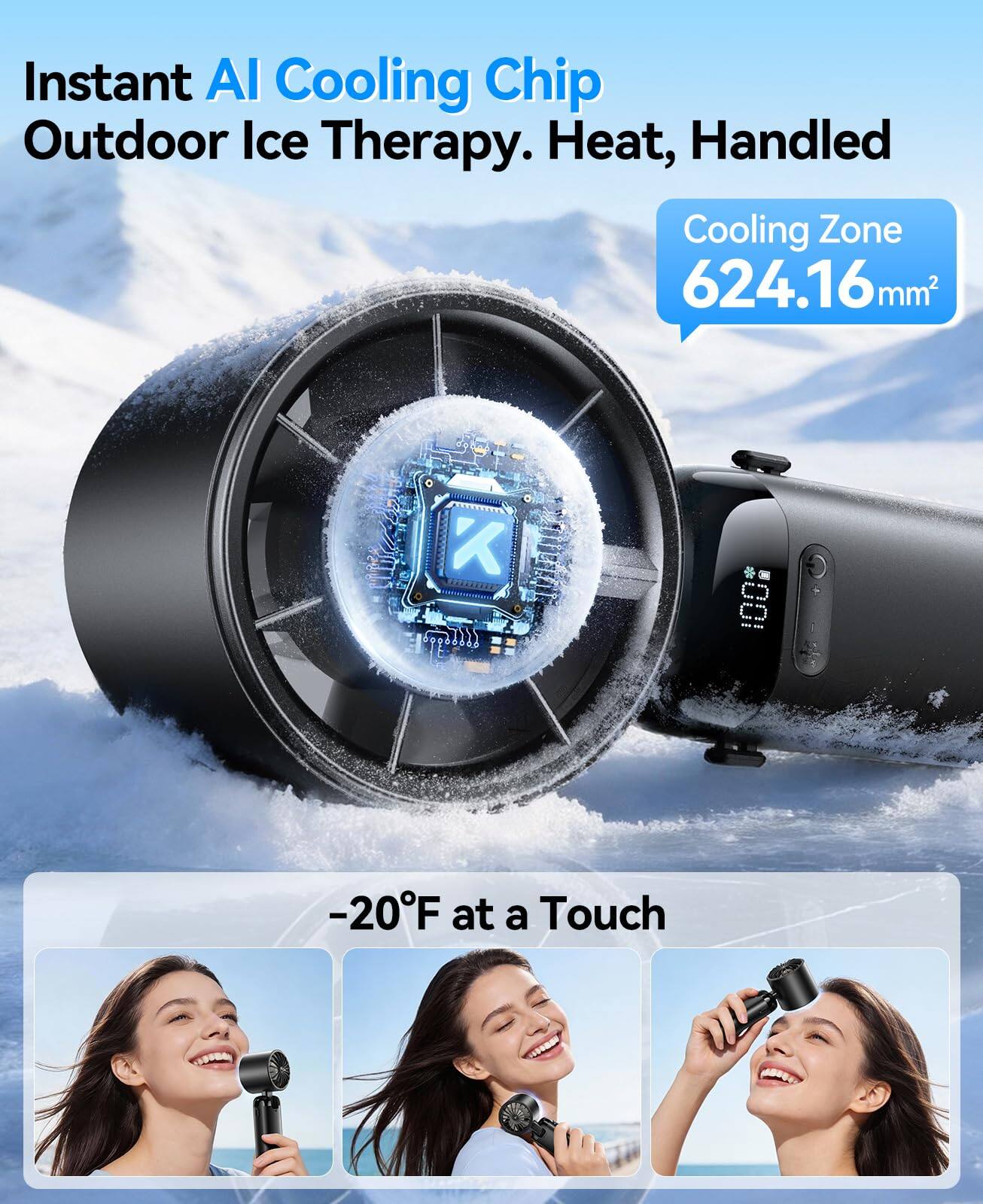 Instant AI Cooling Chip Outdoor Ice Therapy. Heat, Handled Cooling Zone 624.16 mm². -20°F at a Touch