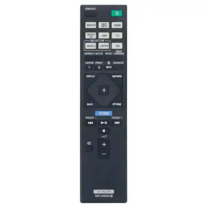 HDMI OUT
BD/DVD CD SA-CD USB CD SELECTOR WATCH LISTEN FM FRONT 2CH/MULTI MOVIE MUSIC SURROUND CUSTOM PRESET 1 2 RX/TX DISPLAY AMP MENU + BACK OPTIONS HOME PRESET PRESET K I + - AV SYSTEM UOESAA-TMR
RMT-AA230U