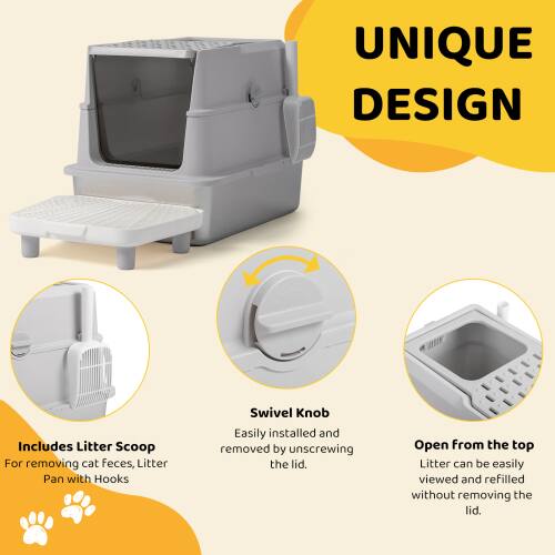 UNIQUE DESIGN 2E

- Includes Litter Scoop for removing cat feces
- Litter Pan with Hooks
- Swivel Knob: Easily installed and removed by unscrewing the lid
- Open from the top: Litter can be easily viewed and refilled without removing the lid