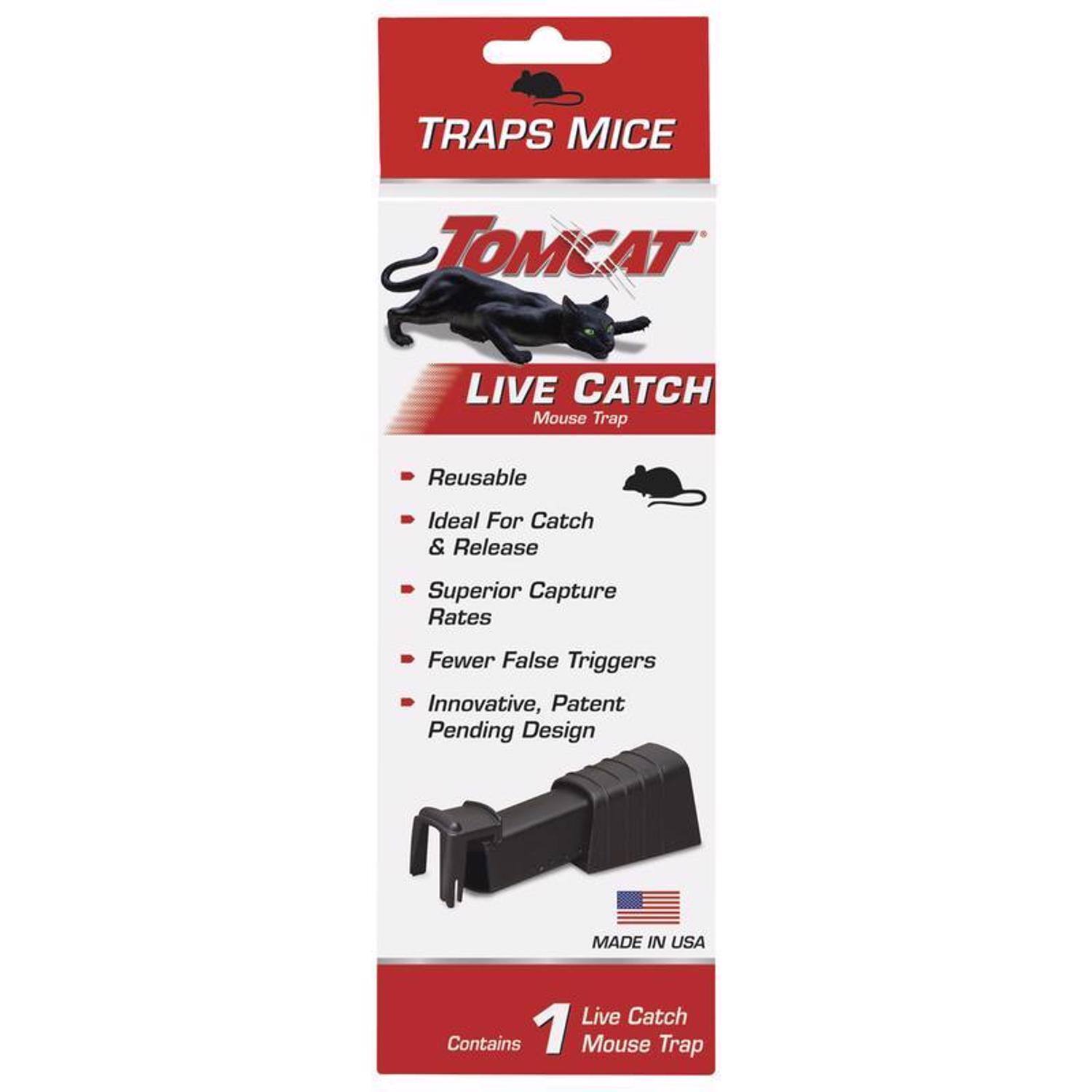 TRAPS MICE

TOMCAT  
LIVE CATCH  
Mouse Trap

- Reusable
- Ideal For Catch & Release
- Superior Capture Rates
- Fewer False Triggers
- Innovative, Patent Pending Design

MADE IN USA

Contains 1 Live Catch Mouse Trap