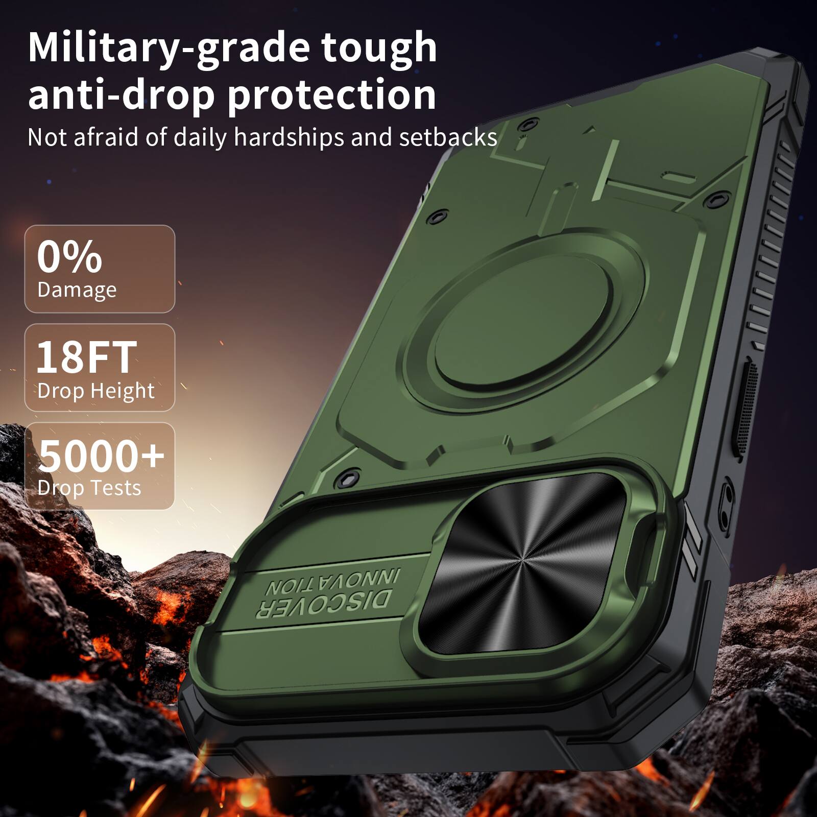Military-grade tough anti-drop protection  
Not afraid of daily hardships and setbacks  

0% Damage  
18FT Drop Height  
5000+ Drop Tests  

INNOVATION DISCOVER