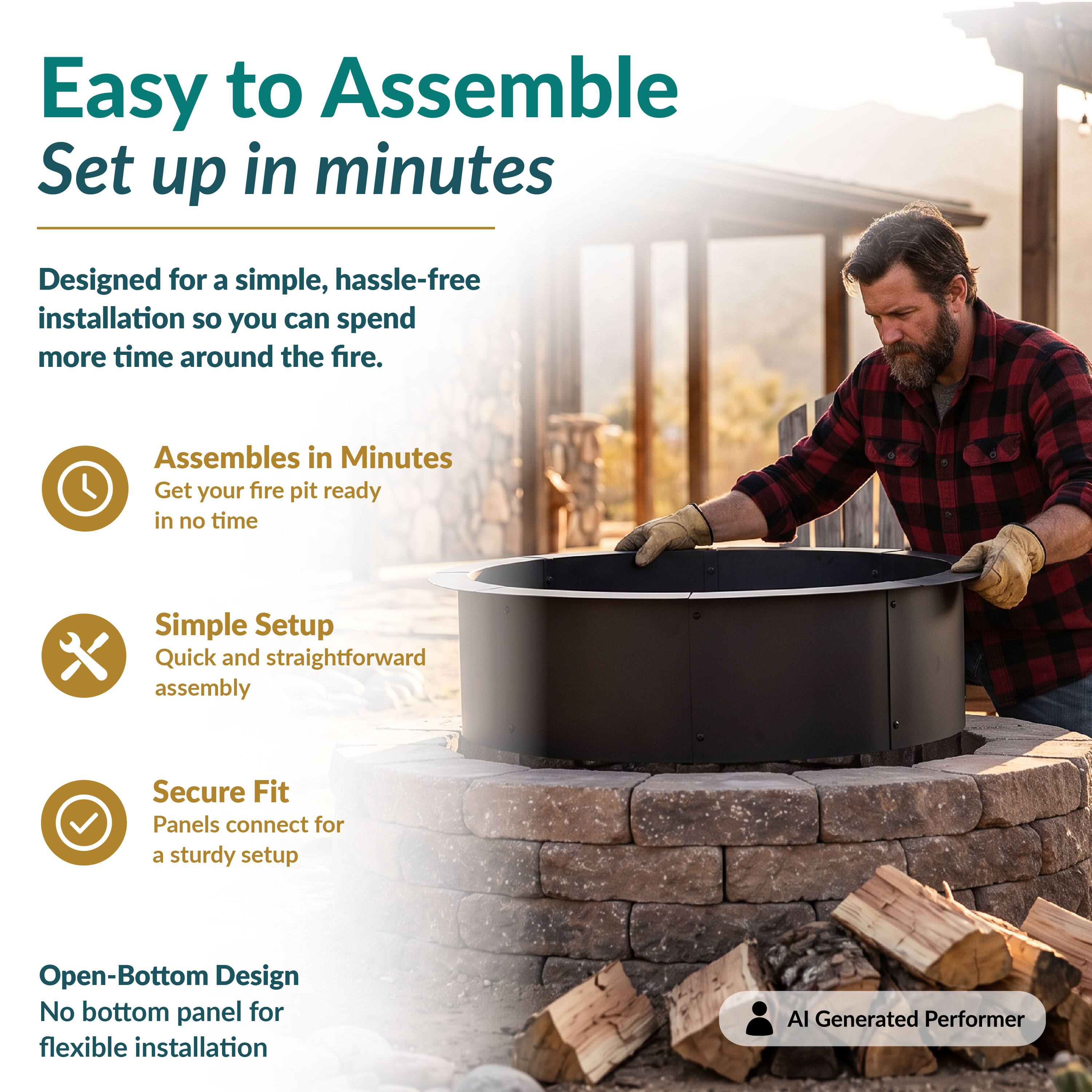 Easy to Assemble  
Set up in minutes

Designed for a simple, hassle-free installation so you can spend more time around the fire.

- Assembles in Minutes  
  Get your fire pit ready in no time

- Simple Setup  
  Quick and straightforward assembly

- Secure Fit  
  Panels connect for a sturdy setup

- Open-Bottom Design  
  No bottom panel for flexible installation

AI Generated Performer