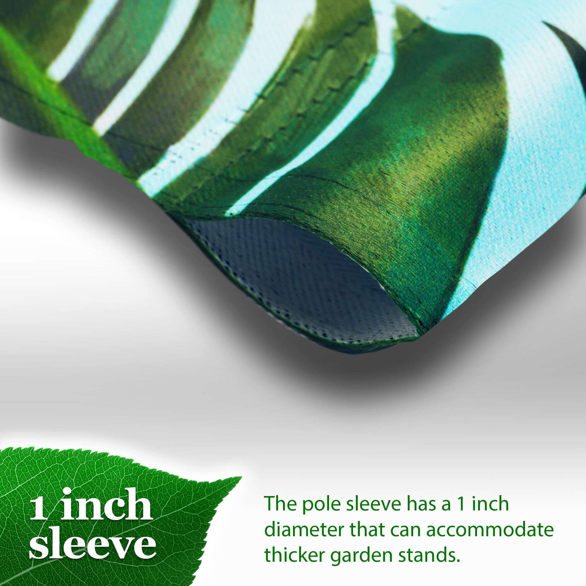 1 inch sleeve

The pole sleeve has a 1 inch diameter that can accommodate thicker garden stands.