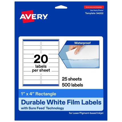 Go to avery.com/templates
Use Avery Presta™ Template 94202
Waterproof
20 labels per sheet
25 sheets
500 labels
1" x 4" Rectangle
Durable White Film Labels
with Sure Feed™ Technology
for Laser/Pigment-based Inkjet