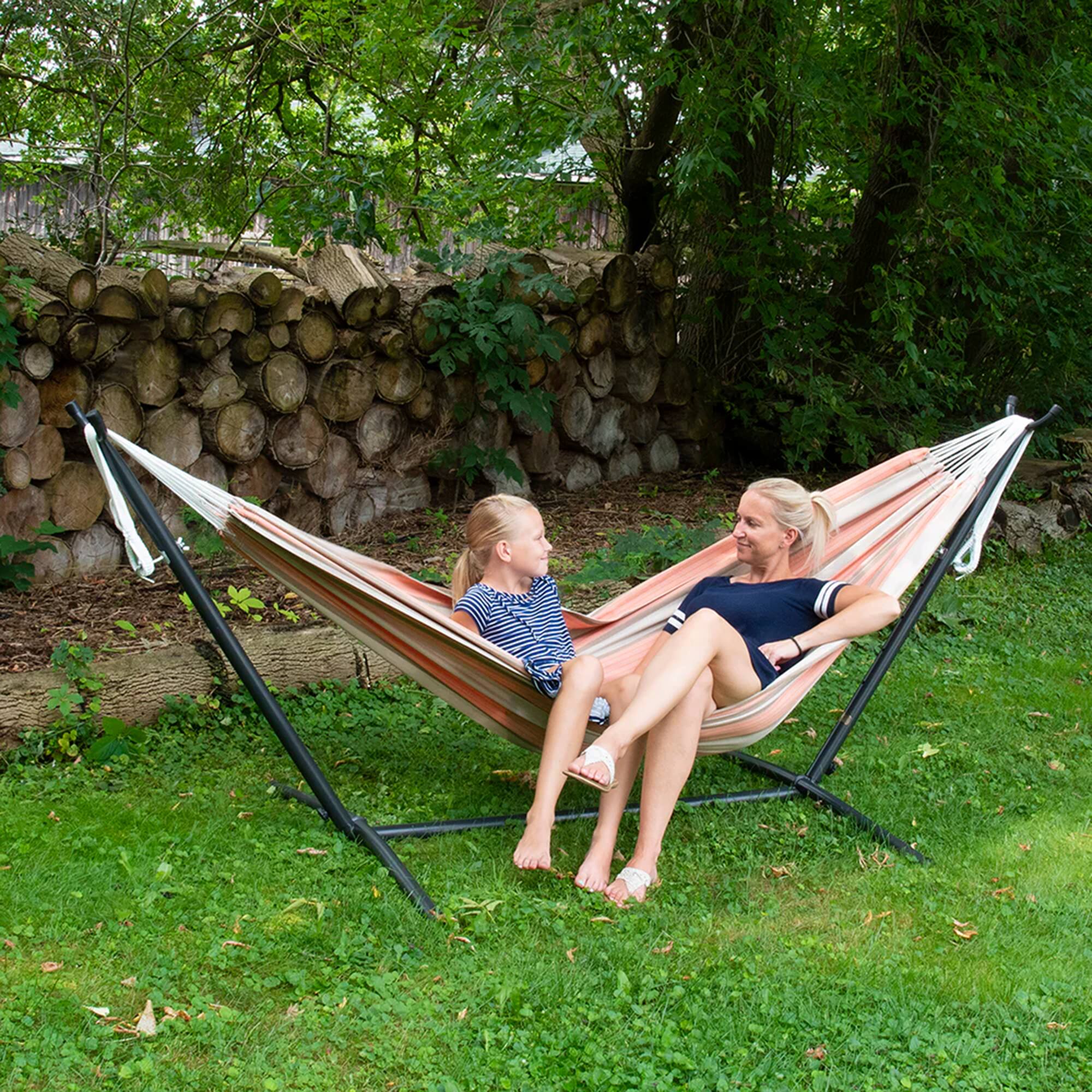 Alt View 4. Vivere - Vivere Double Sunbrella Hammock with Steel Stand, Portable Outdoor Lounge, Cameo - Cameo.