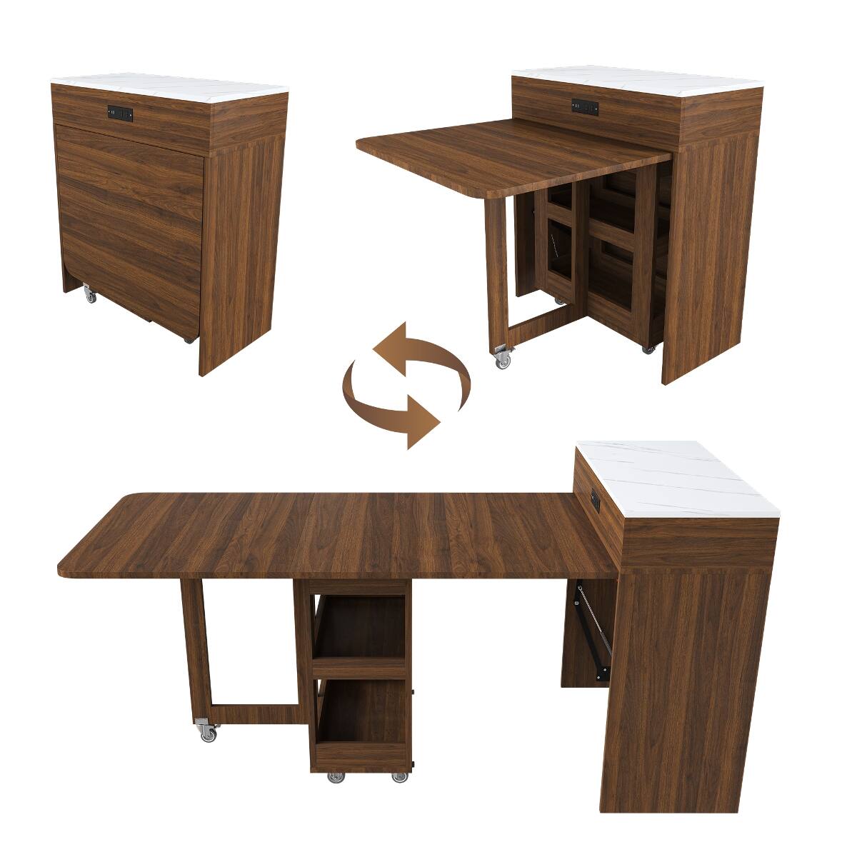 Alt View 6. Loheer - Loheer 74 inch Expandable Dining Table with Power Socket, Walnut Imitation Marble Surface - Natural Walnut.