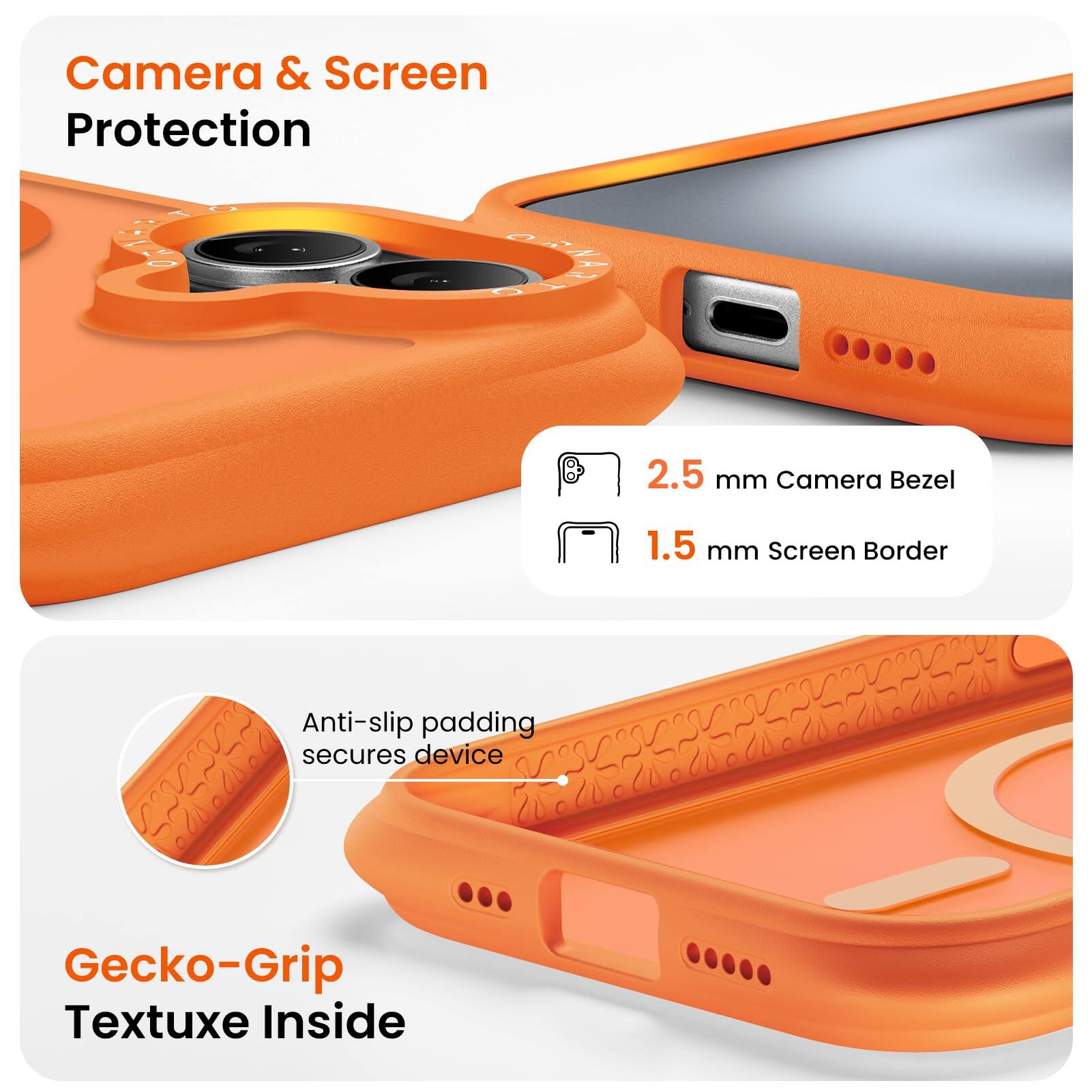 Camera & Screen Protection  
2.5 mm Camera Bezel  
1.5 mm Screen Border  
Anti-slip padding secures device  
Gecko-Grip Textuxe Inside