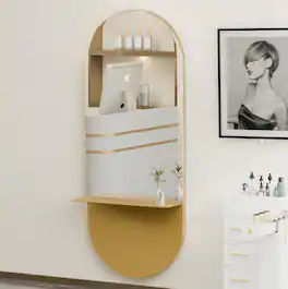 Winado - Professional Salon Oval Wall Mount Mirror with Removable Shelf, Tempered Glass Salon Makeup Mirror for Barbershop Beauty - Gold