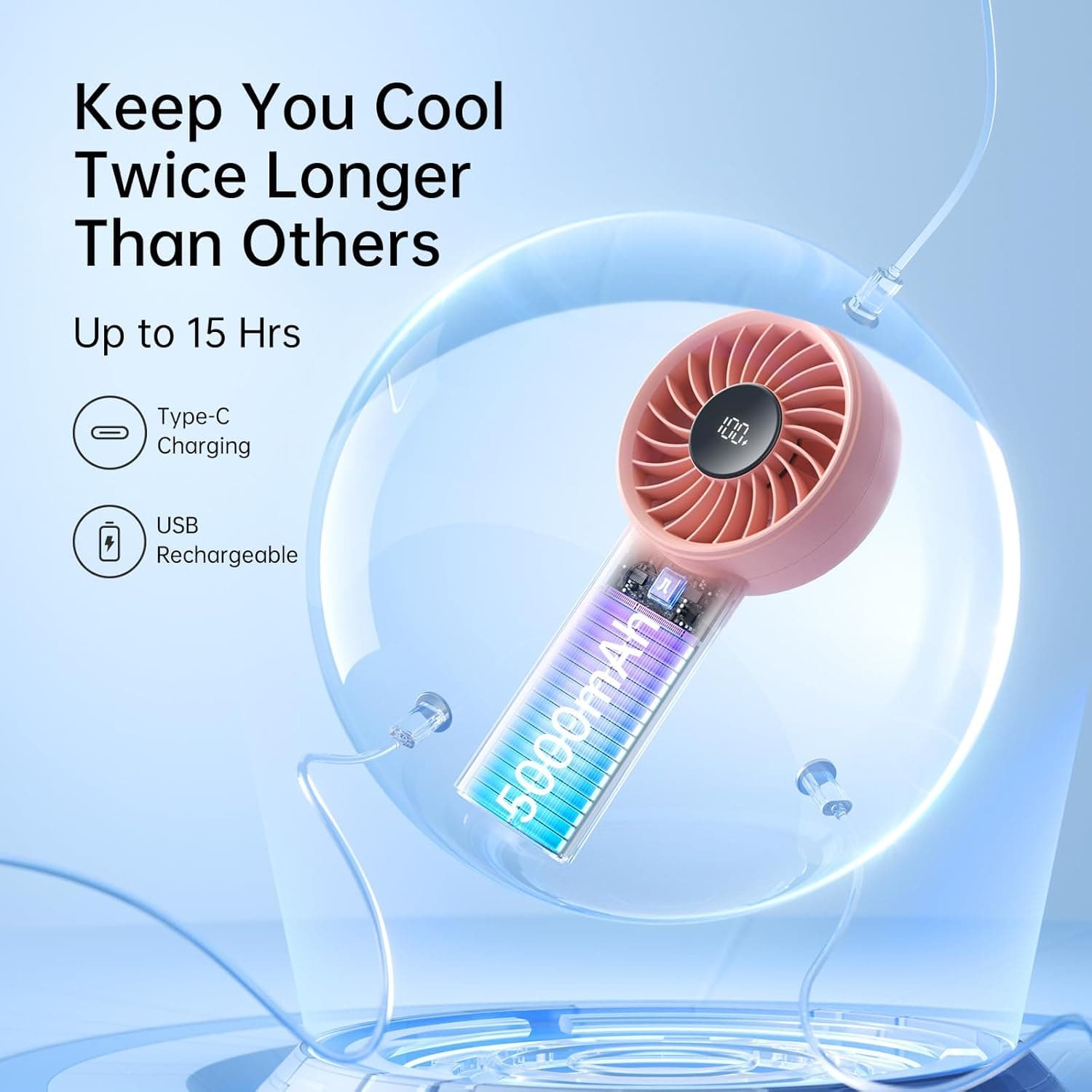 Keep You Cool Twice Longer Than Others  
Up to 15 Hrs  
Type-C Charging  
USB Rechargeable  
5000mAh