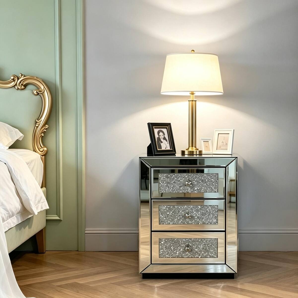 Back. Loheer - Loheer 3 Drawer Mirrored Nightstand, Silver Bedroom Side Table with Crystal Handles - Silver.
