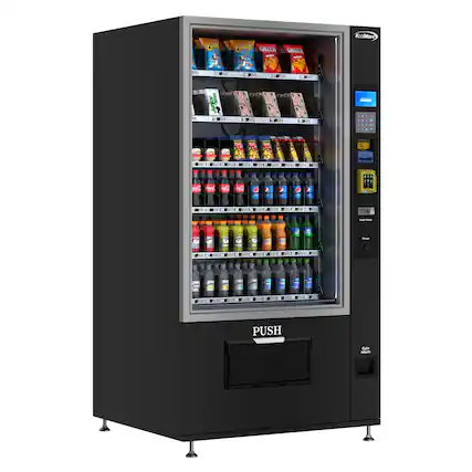 The image features a black vending machine with a variety of drinks displayed in the glass door. The drinks are organized in multiple rows, with some bottles placed in the middle and others towards the top and bottom of the machine. The vending machine is filled with a wide assortment of drinks, including both bottled and canned beverages. The machine is designed to offer a convenient and accessible option for customers to purchase their desired drinks.