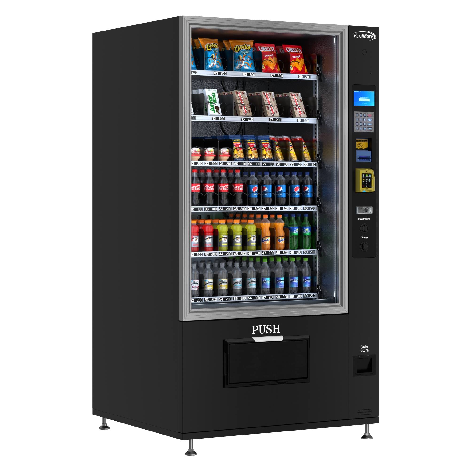 The image features a black vending machine with a variety of drinks displayed in the glass door. The drinks are organized in multiple rows, with some bottles placed in the middle and others towards the top and bottom of the machine. The vending machine is filled with a wide assortment of drinks, including both bottled and canned beverages. The machine is designed to offer a convenient and accessible option for customers to purchase their desired drinks.