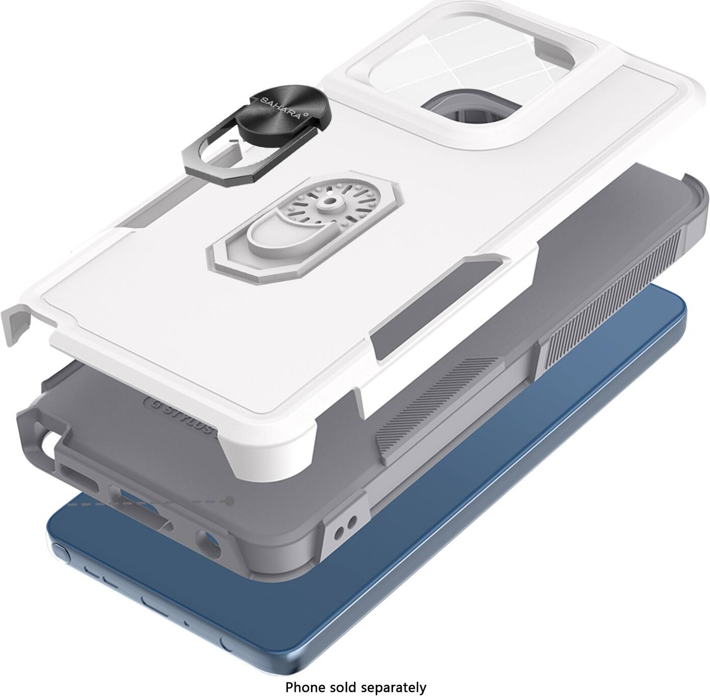 The image shows a white and blue case for a cell phone, with the words "iPhone sold separately" written at the bottom. The case is designed to hold the phone securely and protect it from scratches and other damage. The case is made of durable materials and features a sleek design that complements the phone's appearance. The case is available in two colors, white and blue, to suit different preferences and styles.