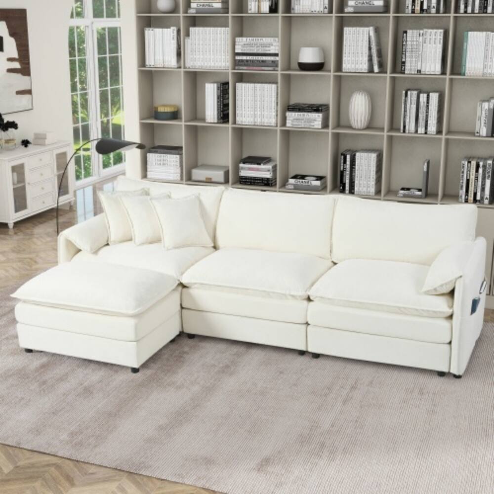 LUCKY ONE - Oversized Deep Seat Modular L-Shape Sectional Sofa w/ Movable Ottoman DIY 3-Seater - Beige