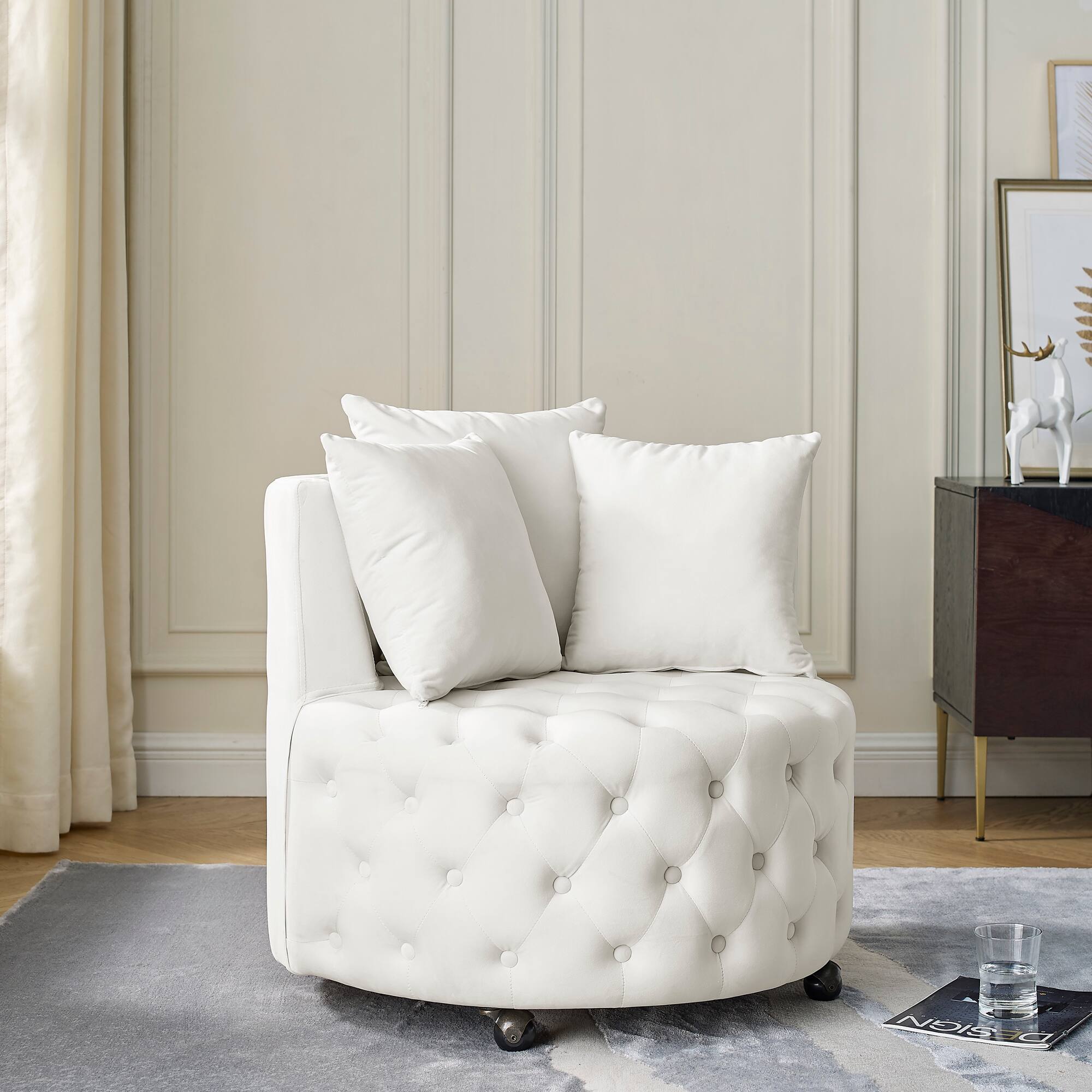 Back. GOODSILO - Luxury Upholstered Swivel Accent Chair with Tufted Back and Caster Wheels for Elegant Home Seating - Beige.