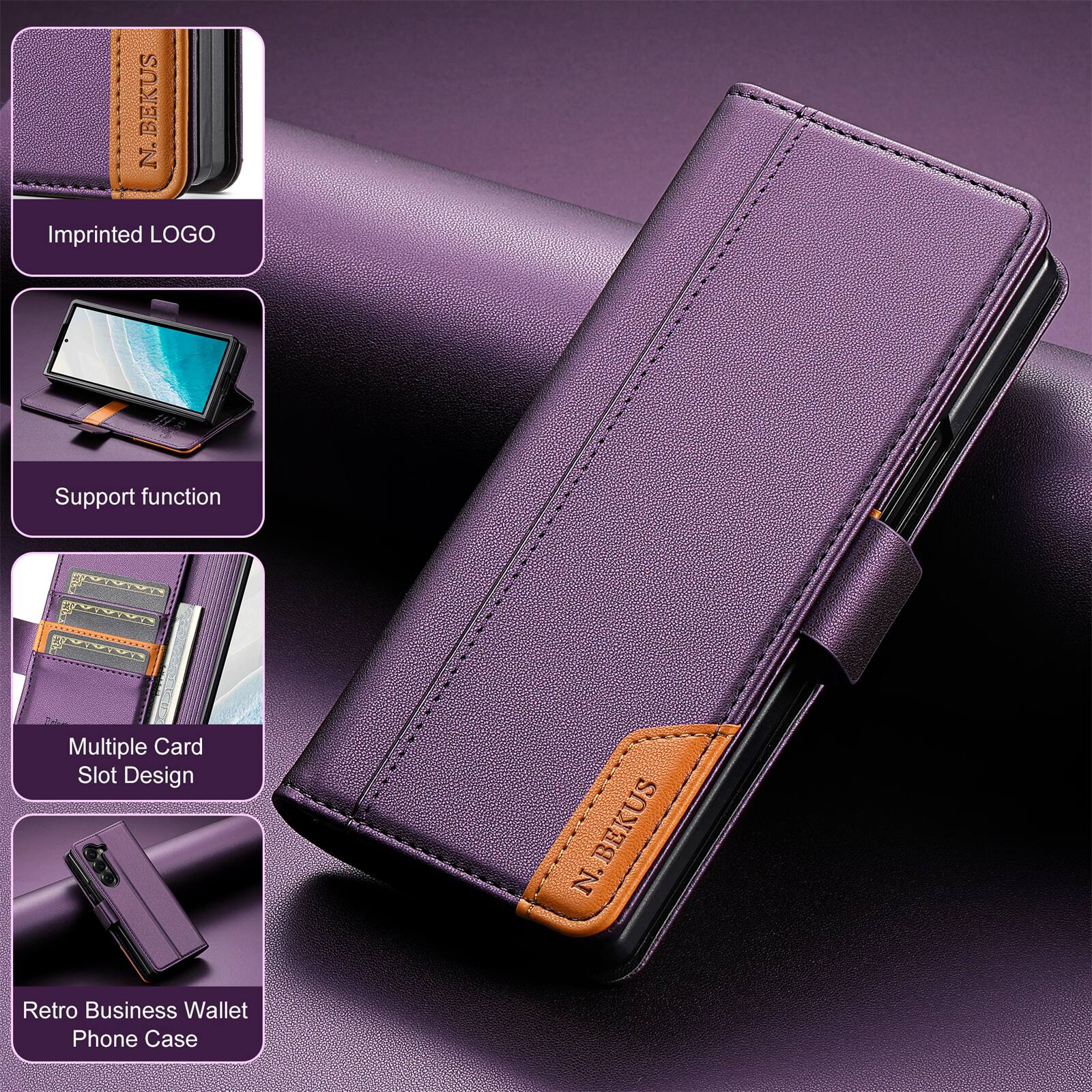 N. BEKUS

Imprinted LOGO

Support function

Multiple Card Slot Design

Retro Business Wallet Phone Case