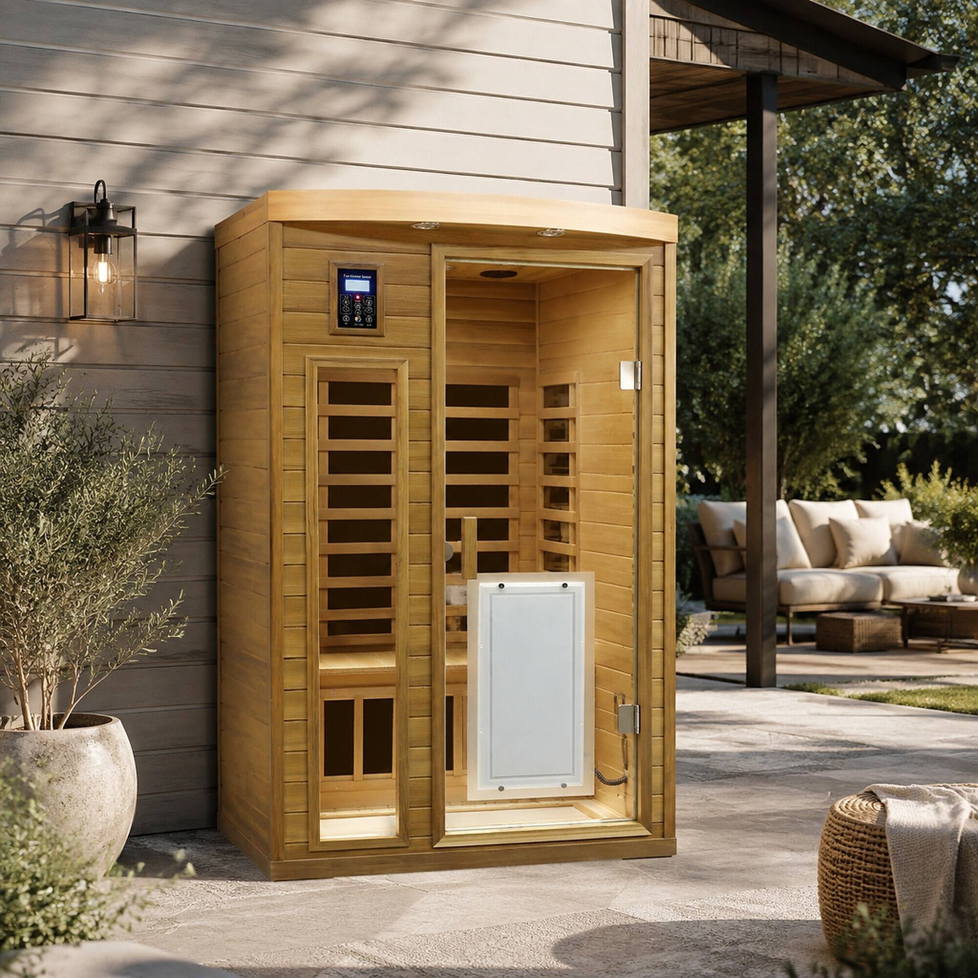 Angle. RYHNUYNE - 2 Person Far Infrared Sauna, Low EMF, Red Cedar, Indoor, 47.2 in, 8 Heating Panels, Bluetooth, LED Lights - Natural Wood.