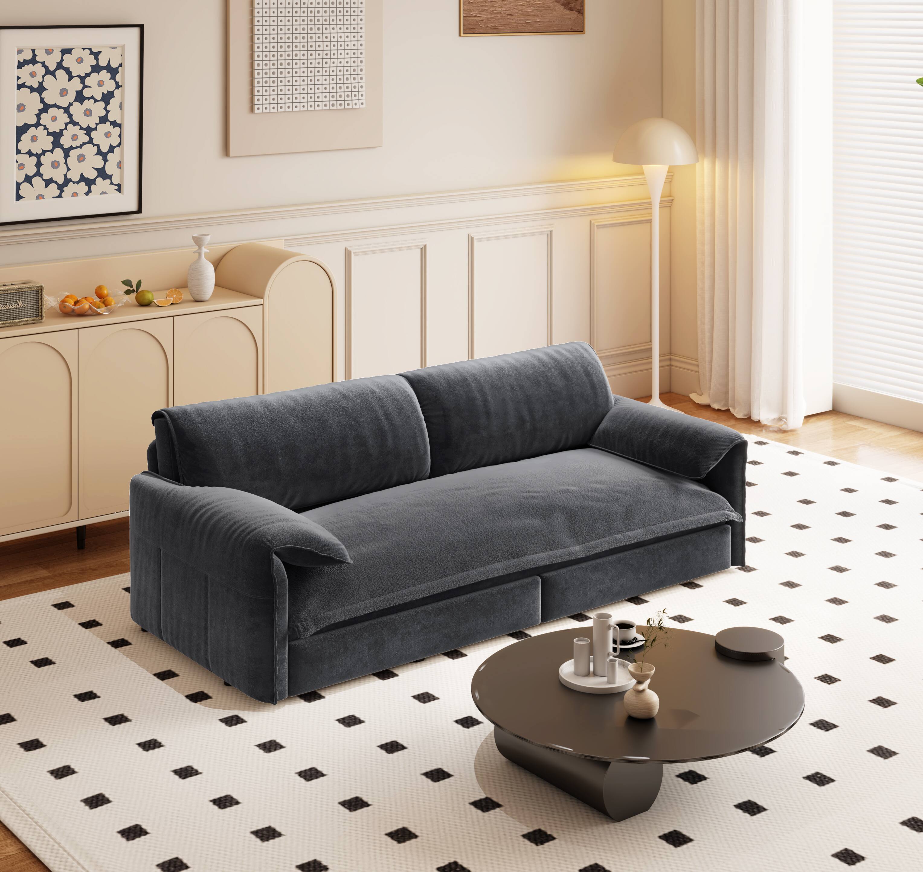 Back. Tiramisubest - Queen Pull Out Sofa Bed,3-in-1 Convertible Sleeper Sofa with Side Storage,Velvet Loveseat for Living Room,Office,Gray - Grey.