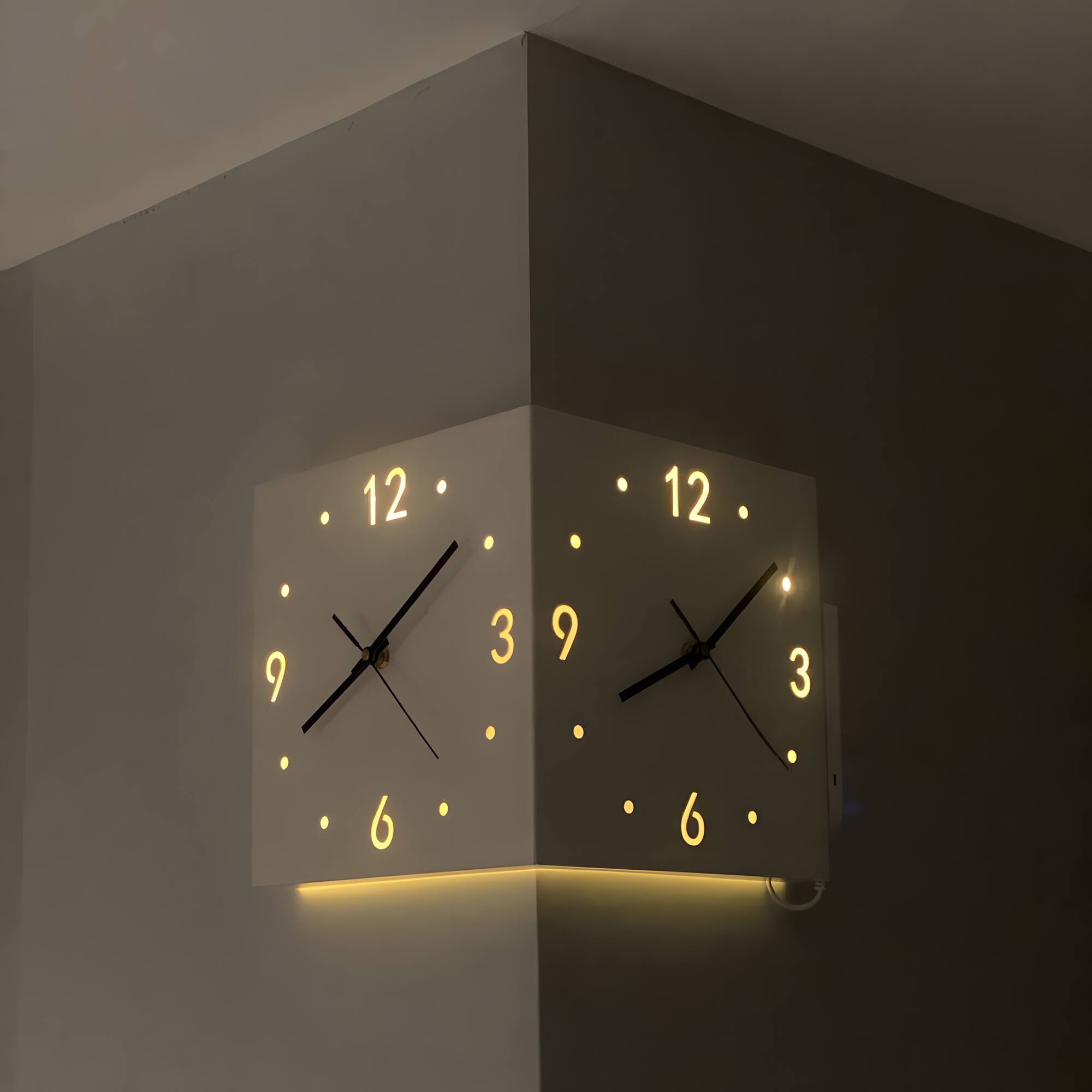 Angle. Lamp Depot - Metal Sound Sensor Backlit Corner Clock - White.