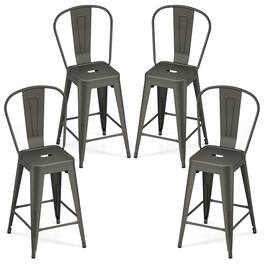 Gymax - Metal Bar Stools Set of 4 24'' Counter Height Barstools w/ Backrests&Footrests Gun Metal - Brown