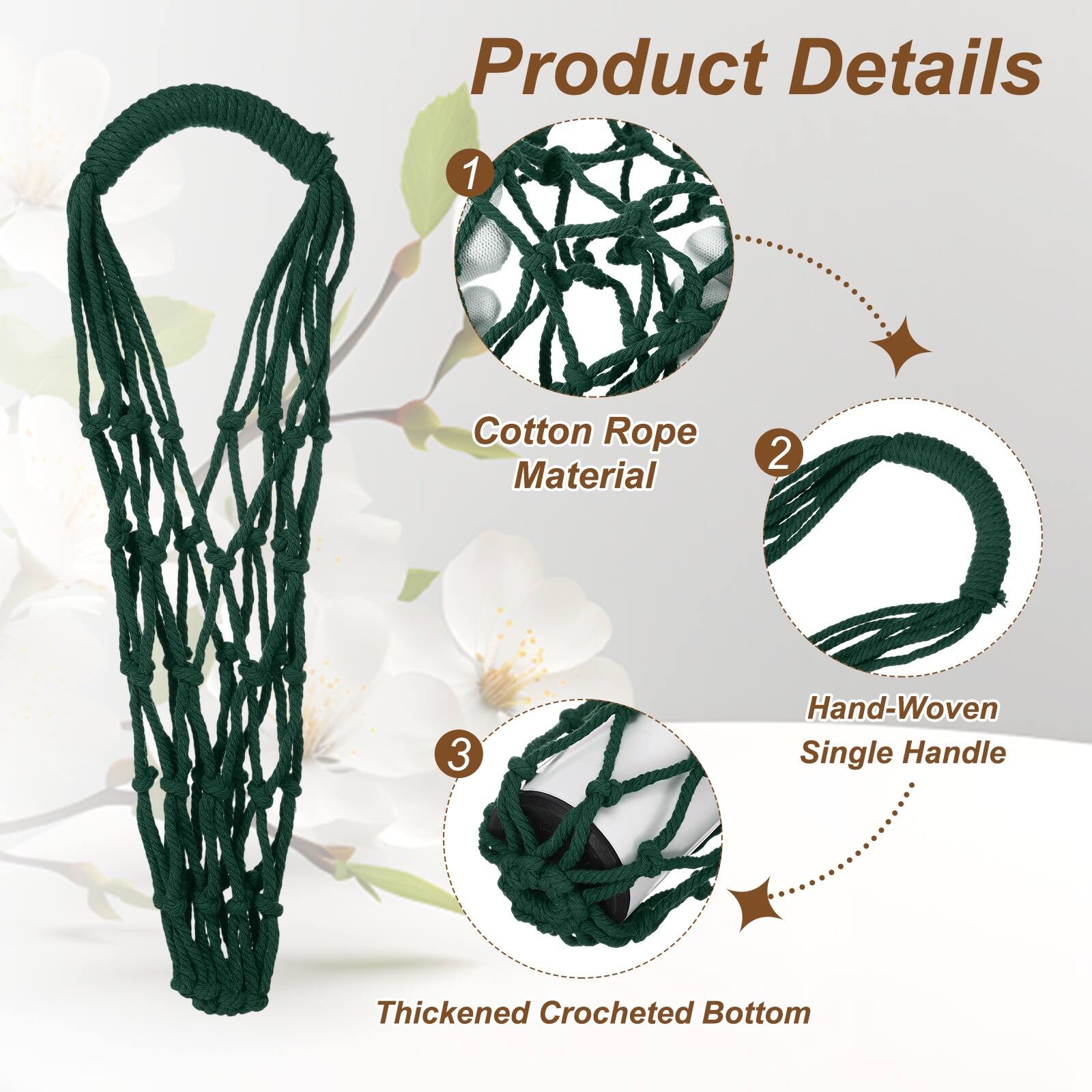 Product Details

1. Cotton Rope Material
2. Hand-Woven Single Handle
3. Thickened Crocheted Bottom
