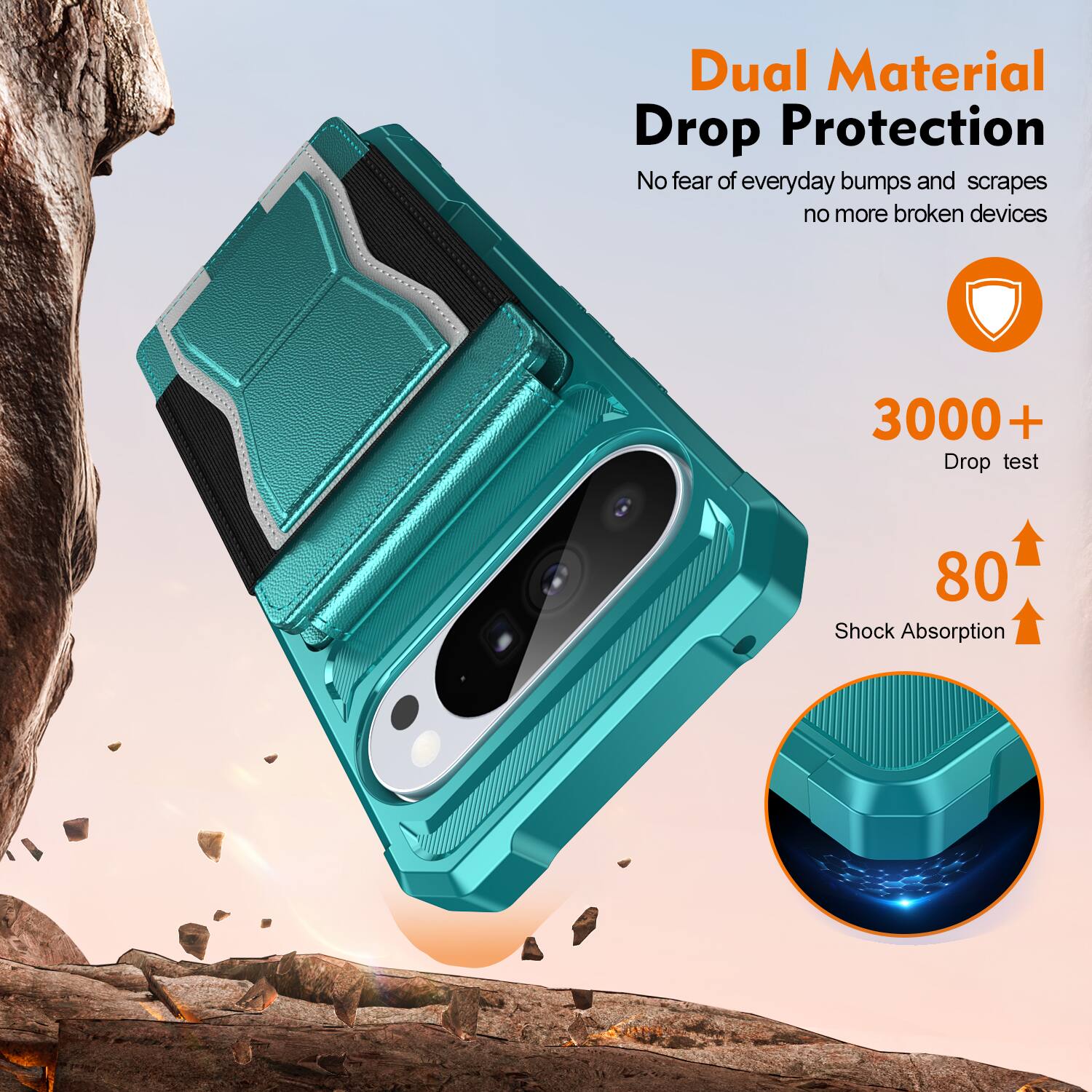 Dual Material Drop Protection  
No fear of everyday bumps and scrapes, no more broken devices  

3000+ Drop test  
80 Shock Absorption