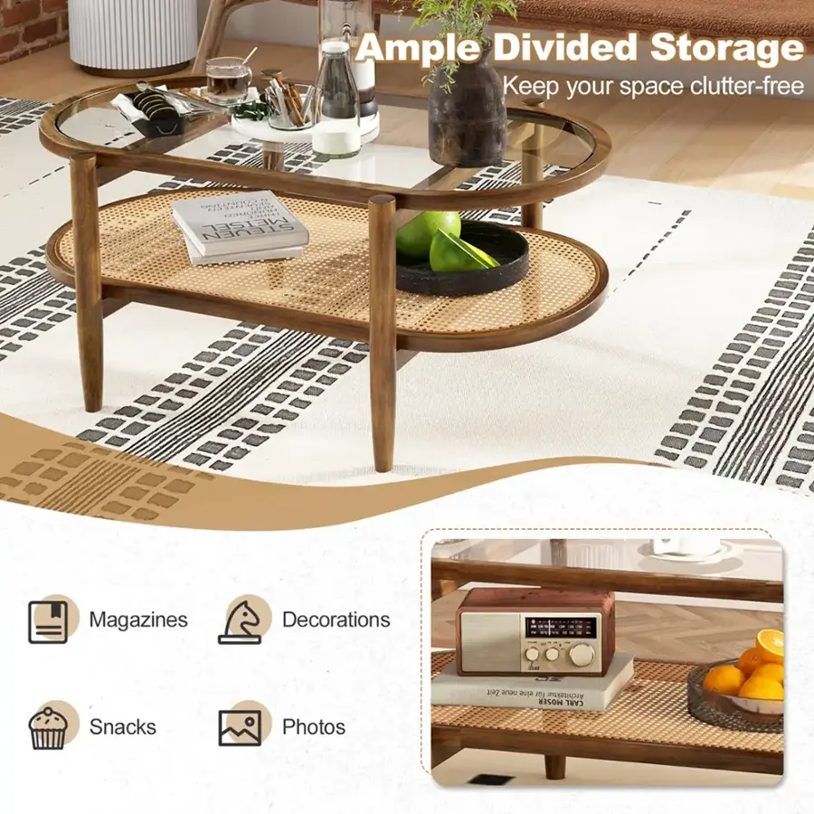 Ample Divided Storage Keep your space clutter-free: Magazines Decorations Snacks Photos
