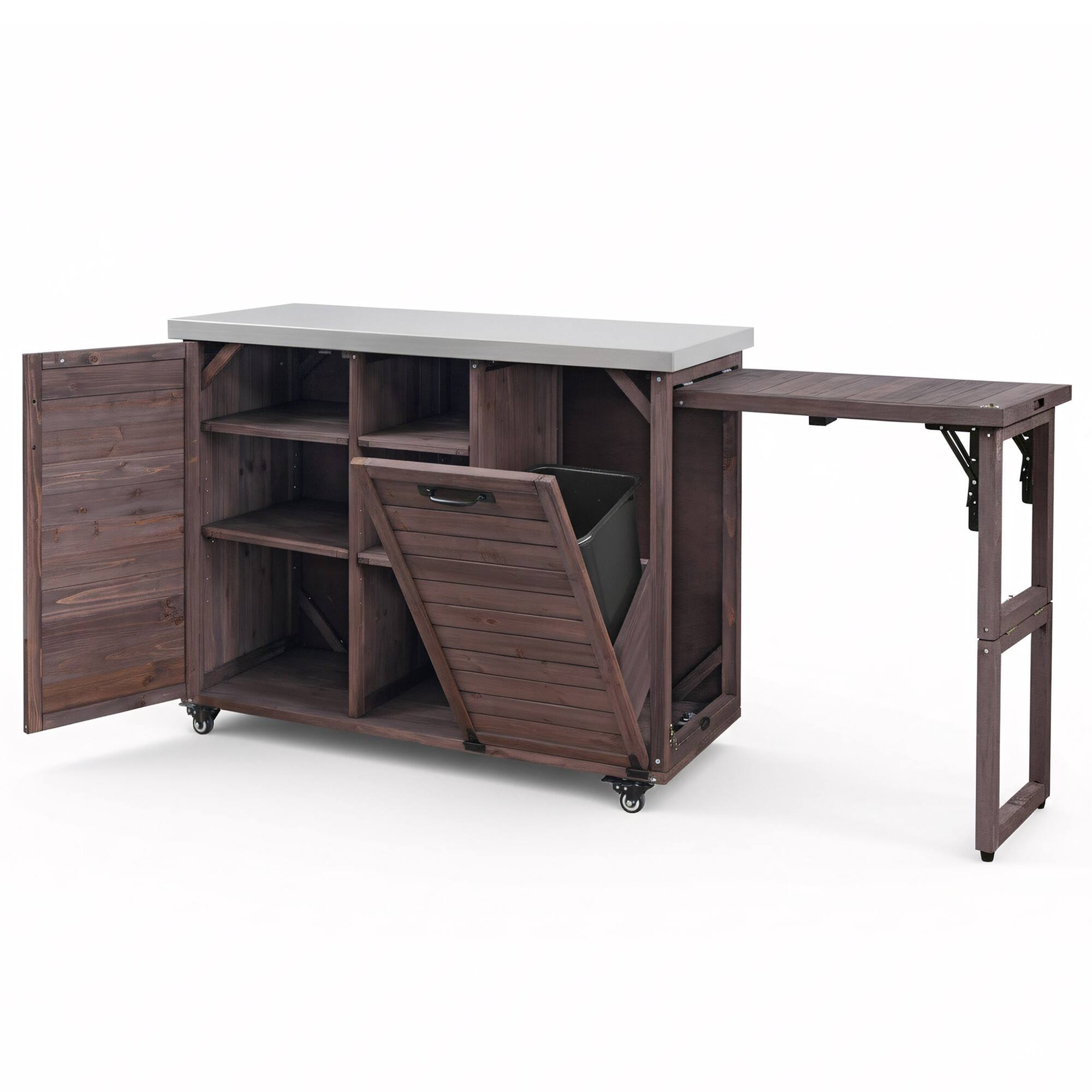 Angle. PexFix - 78.3" Outdoor Kitchen Island with Foldable Table, Trash Storage & Stainless Top, Wood Pizza Oven Cart for Lawn & Garden - Dark Brown.