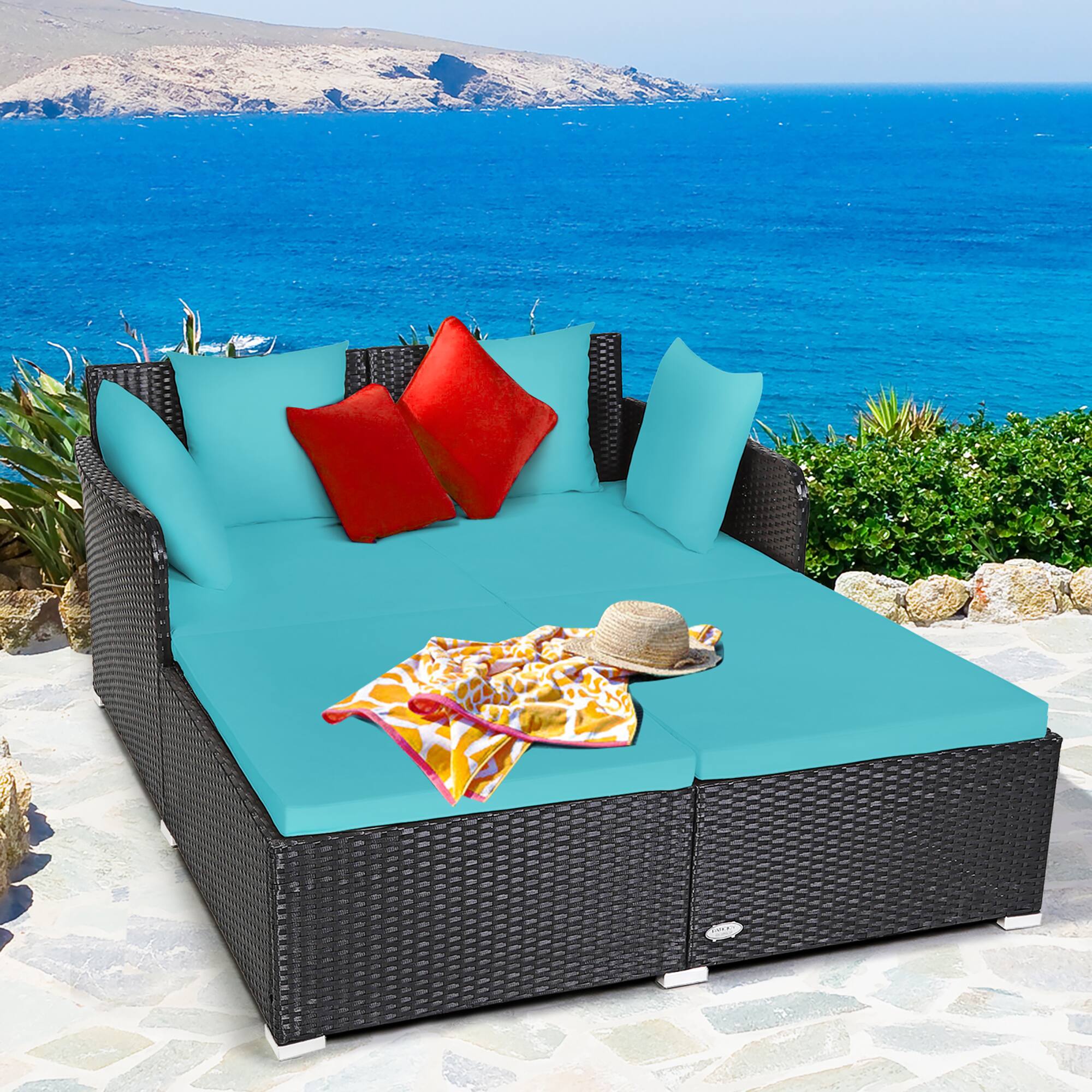 Alt View 1. Costway - Outdoor Patio Rattan Daybed Pillows Cushioned Sofa Furniture - Turquoise.