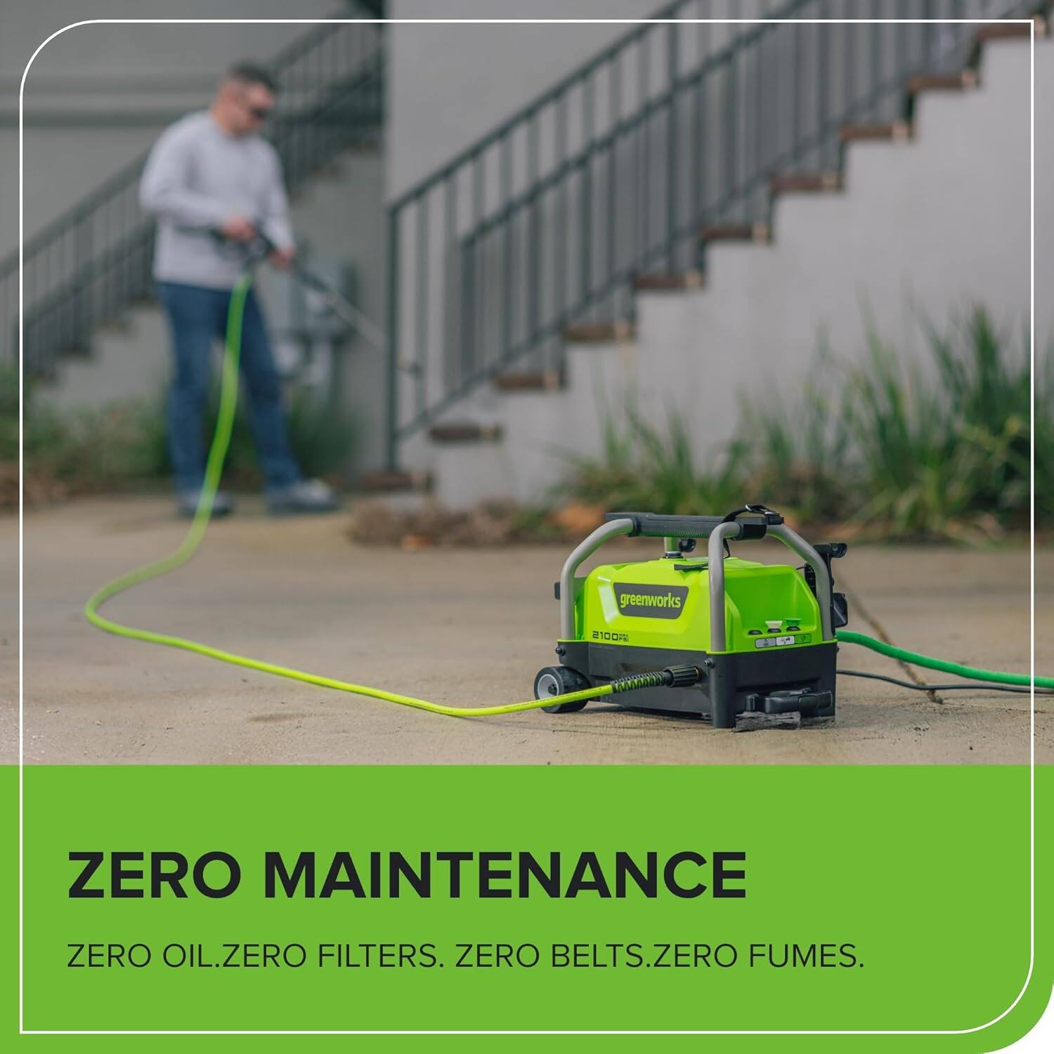 greenworks a100N 4E2 UE EEN ZERO MAINTENANCE ZERO OIL. ZERO FILTERS. ZERO BELTS. ZERO FUMES.