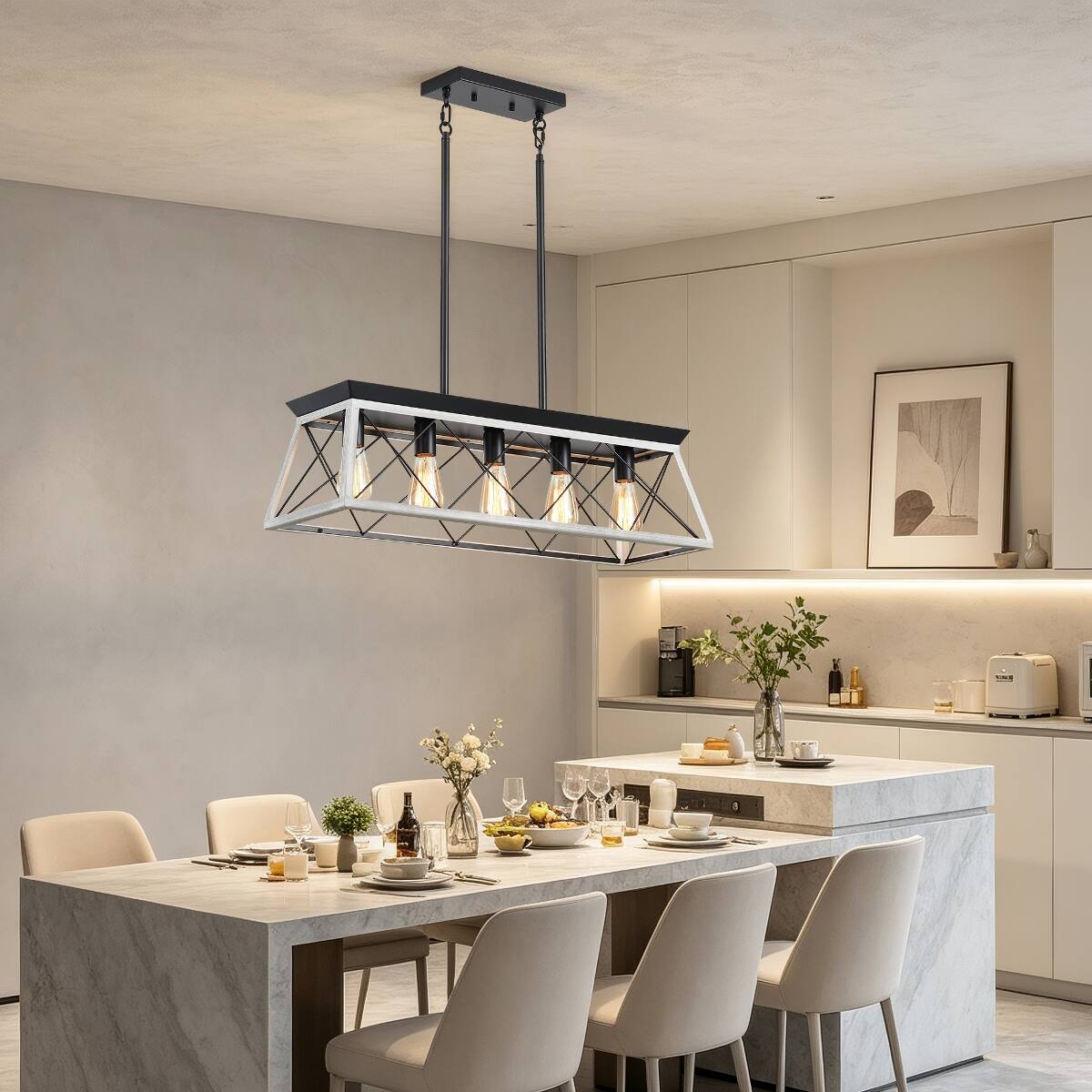 Angle. Loheer - Loheer 5 Light Farmhouse Chandelier White Iron Dining Room Pendant Light for Kitchen Island.