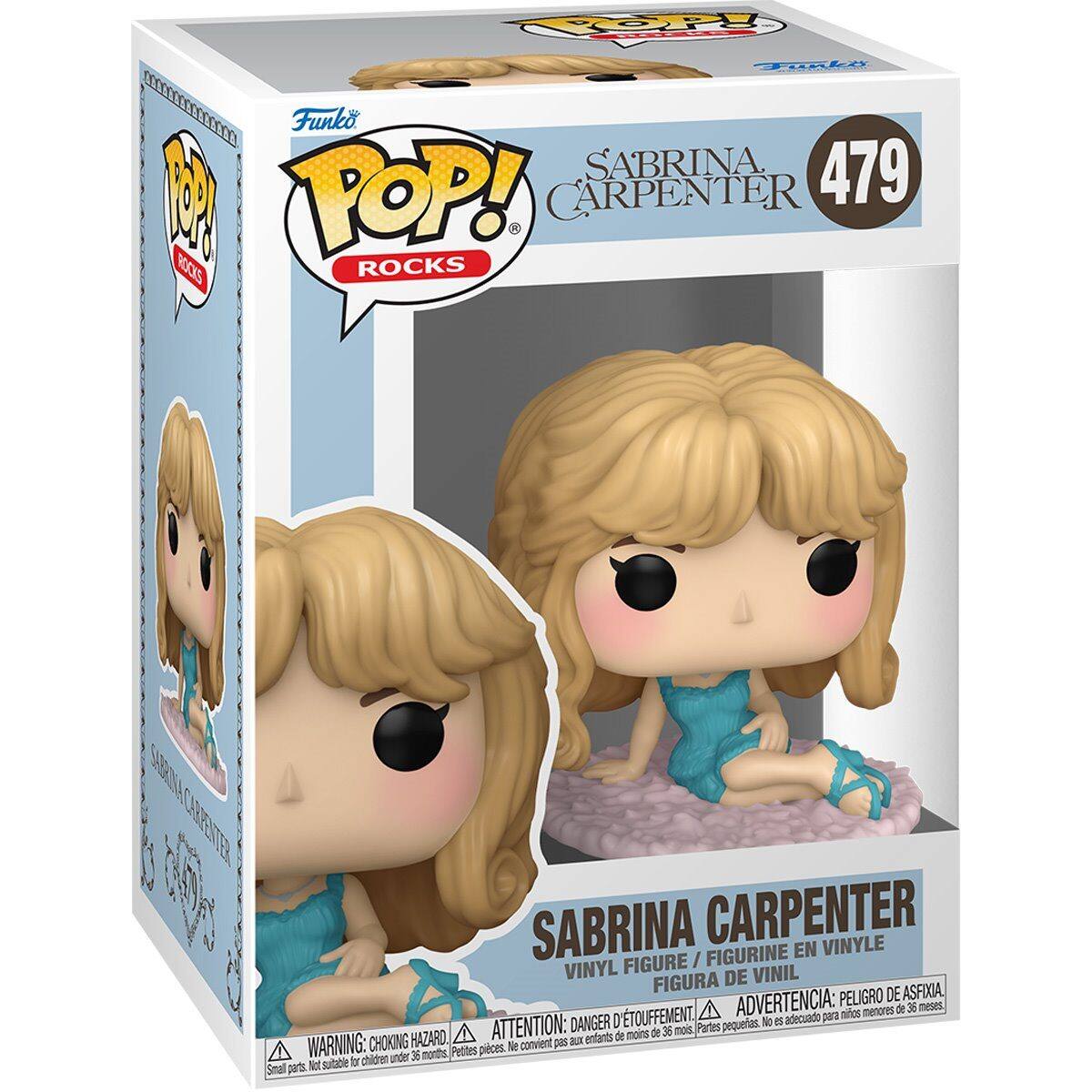 Sure, here is the corrected and grouped text from the image:

---

**Front of the Box:**

- **Funko POP! ROCKS**
- **SABRINA CARPENTER**
- **479**

**Side of the Box:**

- **Funko POP! ROCKS**
- **SABRINA CARPENTER**

**Bottom of the Box:**

- **SABRINA CARPENTER**
- **VINYL FIGURE / FIGURINE EN VINYLE / FIGURA DE VINIL**
- **WARNING: CHOKING HAZARD**  
  **ATTENTION: PELIGRO DE ASFIXIA**  
  **ADVERTENCIA: PEQUEÑAS PIEZAS, NO ADECUADO PARA NIÑOS MENORES DE 36 MESES**  
  **DANGER: SMALL PARTS, NOT SUITABLE FOR CHILDREN UNDER 36 MONTHS**  
  **ATTENTION: PETITES PIÈCES, NE CONVIENT PAS AUX ENFANTS DE MOINS DE 36 MOIS**

**Additional Text:**

- **OPpY EIA0 TEEcCOEmO 0077**
- **Funk