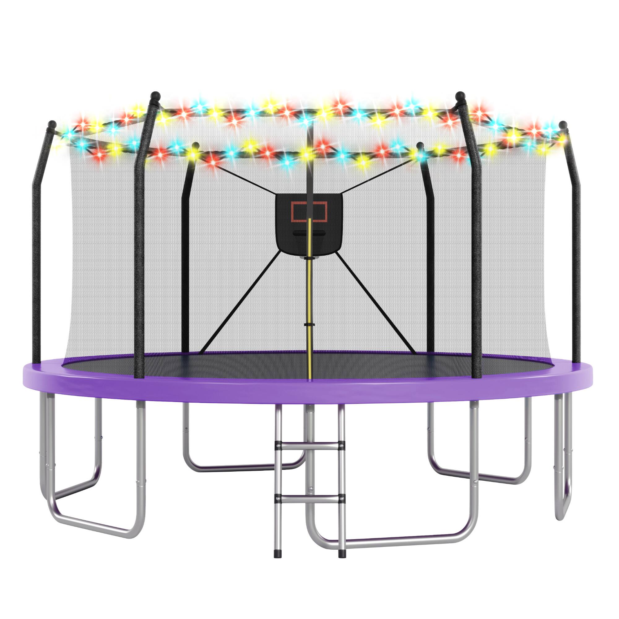 Angle. Whisen - 14FT Outdoor Trampoline with LED Lights,Basketball Hoop and Safety Enclosure - Purple.