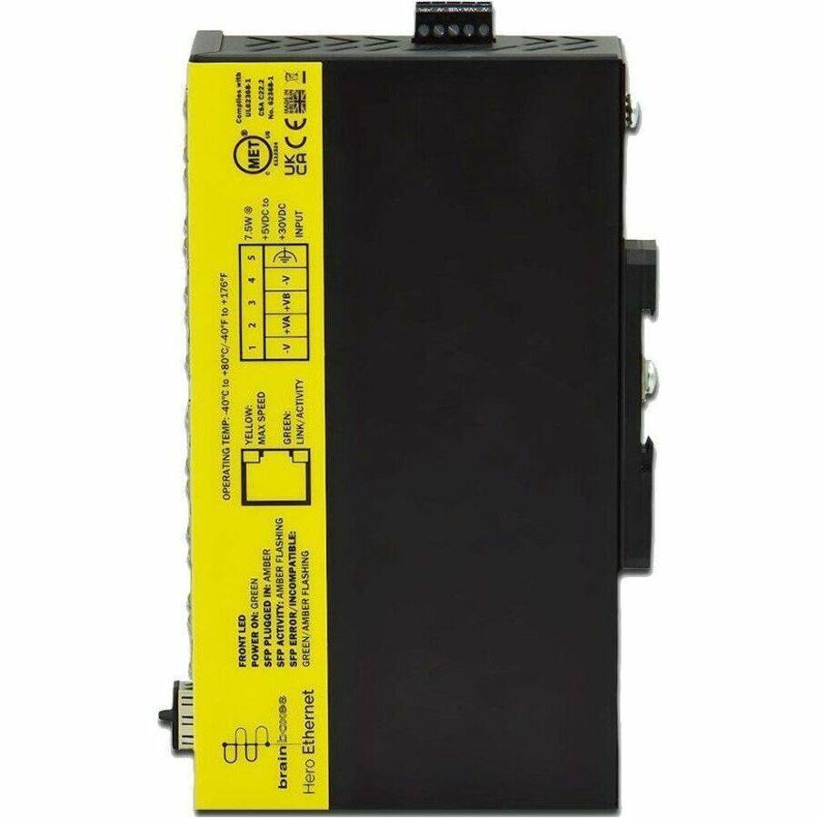 Sure, here is the corrected and grouped text from the image:

---

**ULB236-1 FZEO 1**

**Complies CSA**

**K MET ELIZRS**

**UK CA**

**7.5W +5VDC to DAVOE INPUT**

**2 4 V- +176F 3 +VB to 40"F 2 +VA - +80C to -40C**

**SPEED ACTIVITY TEMP**

**YELLOW MAX GREEN: LINK OPERATING FLASHING**

**AMBER: AMBER FLASHING GREEN IN: INCOMPATIBLE LED ON: PLUGGED ACTIVITY: ERROR**

**FRONT LED**

**POWER SFP SFP SFP**

**Ethernet brain Hero**

**OPERATING TEMP: -40C to +70C**

**INPUT: 5VDC**

**OUTPUT: 7.5W**

**VOLTAGE: 5VDC**

**TEMPERATURE: -40C to +70C**

**FRONT LED:**

- **GREEN:** POWER ON
- **AMBER:** SFP PLUGGED
- **GREEN/AMBER FLASHING:** SFP ACTIVITY
- **AMBER