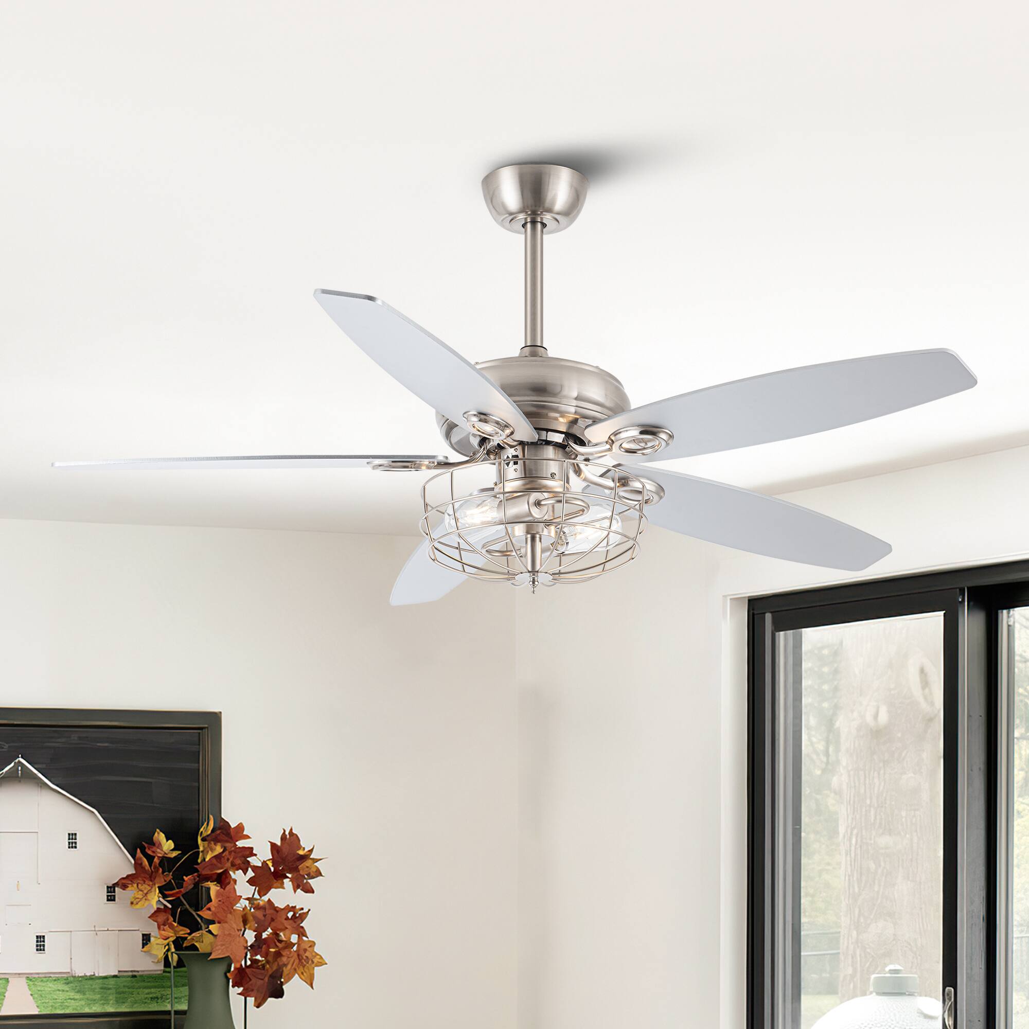 Left. Parrot Uncle - 52" Polished Nickel Wood 5-Blade Modern Ceiling Fan with Remote - Brushed Nickel.