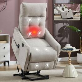 Kadyn - Power Lift Recliner Chair, Single Motor Massage & Heat, USB Port, 155° Recline, Chenille Fabric - Beige