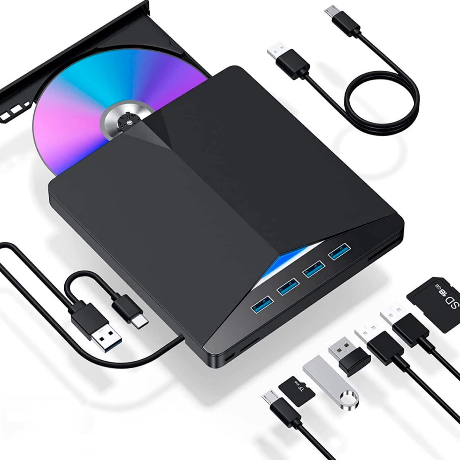 Topteng - 7-in-1 External 4K Blu-ray Burner Drive with USB Hub - BD/DVD/CD Writer, SD/TF Reader, USB 3.0 & Type-C for PC/Mac - Black