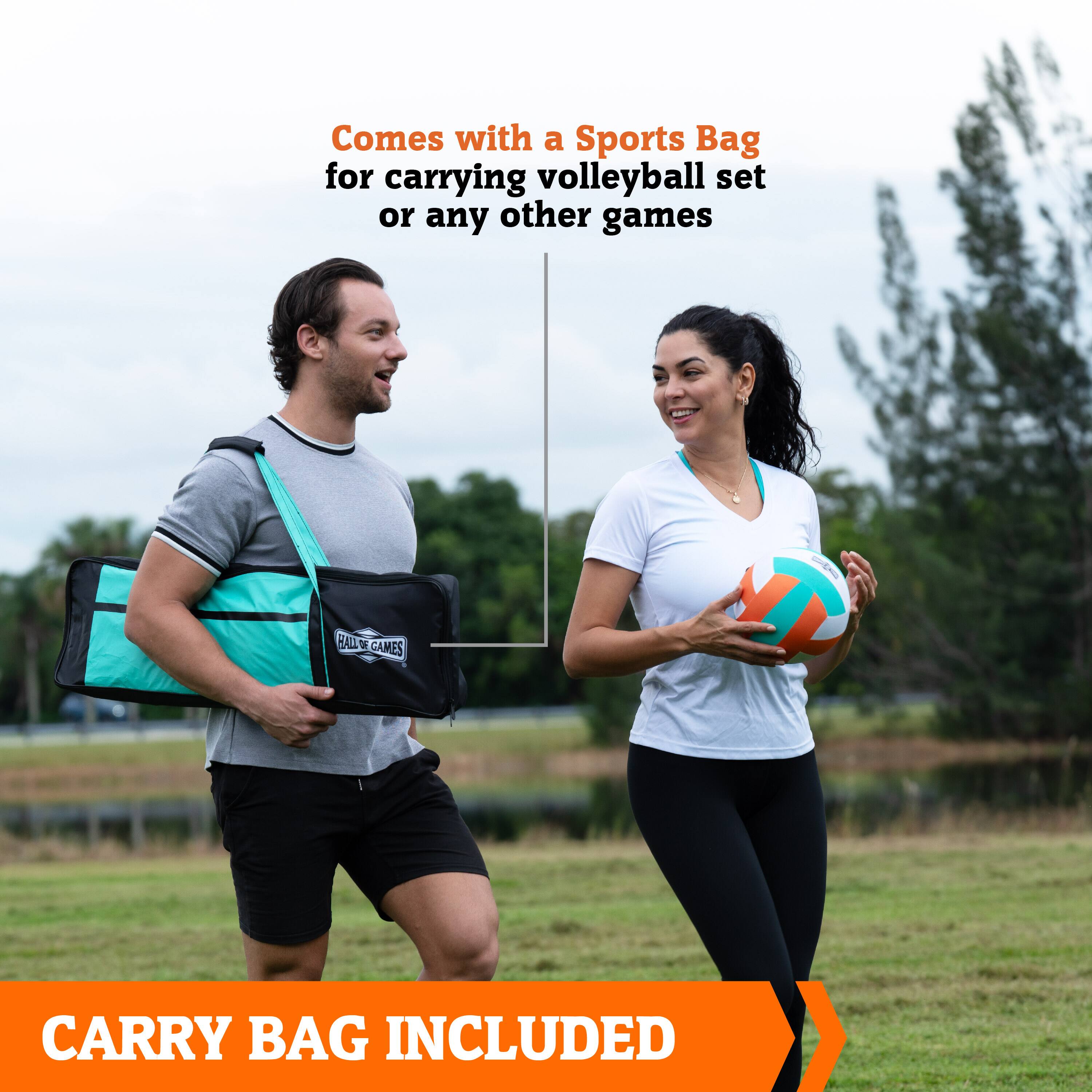 The image shows a man and a woman walking on a field, each carrying a sports bag. The sports bag is designed for carrying a volleyball set or any other games. The bag is included with the purchase of the sports bag.
