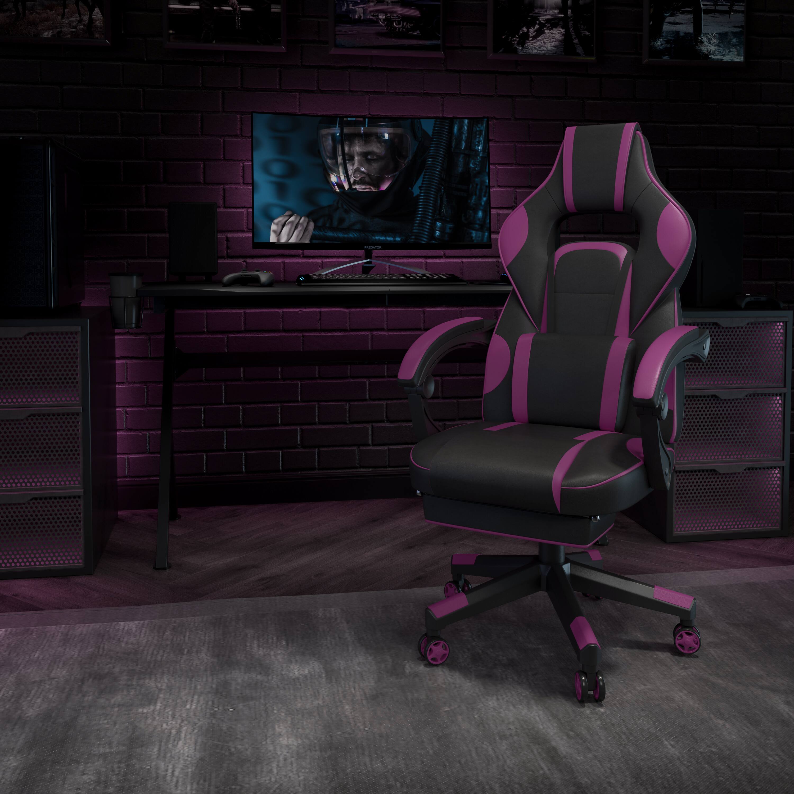 Alt View 1. Emma + Oliver - Ergonomic Gaming Chair -Recline Back/Arms, Footrest, Massaging Lumbar - Black with Purple Trim.