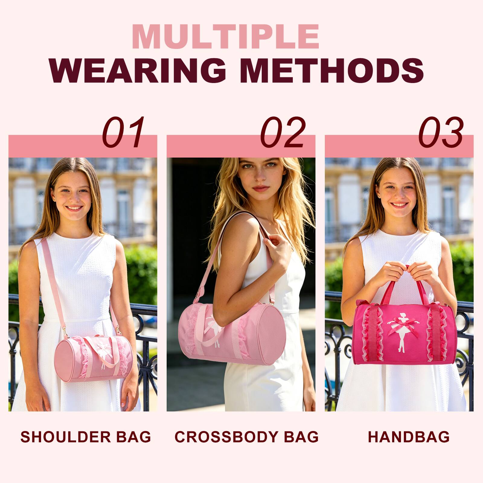MULTIPLE WEARING METHODS

01 SHOULDER BAG

02 CROSSBODY BAG

03 HANDBAG