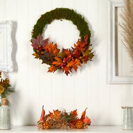 BreeBe - 20" Fall Maple Leaf and Berries Artificial Autumn Wreath - Green