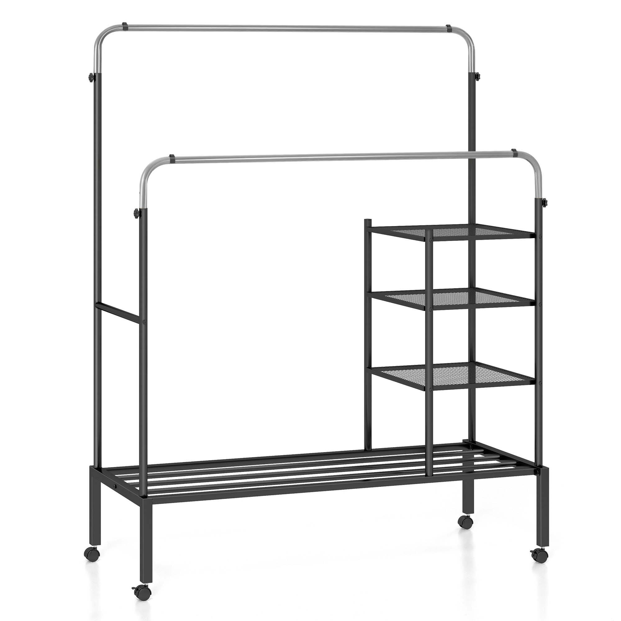 Alt View 9. Costway - Costway Rolling Clothes Drying Rack Double Rods Garment Rack with Height Adjustables Silver - Silver.