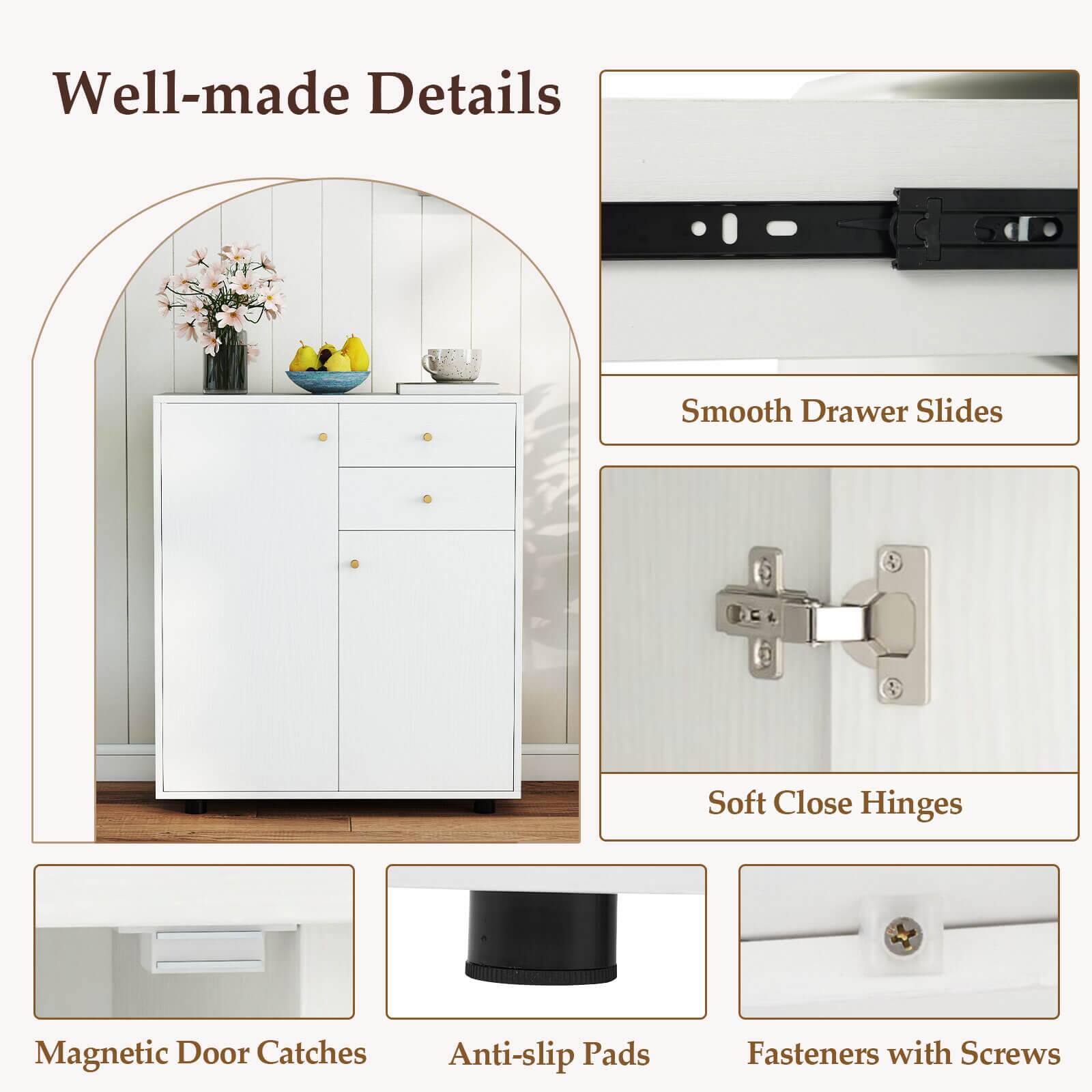 Well-made Details

- Smooth Drawer Slides
- Soft Close Hinges
- Magnetic Door Catches
- Anti-slip Pads
- Fasteners with Screws