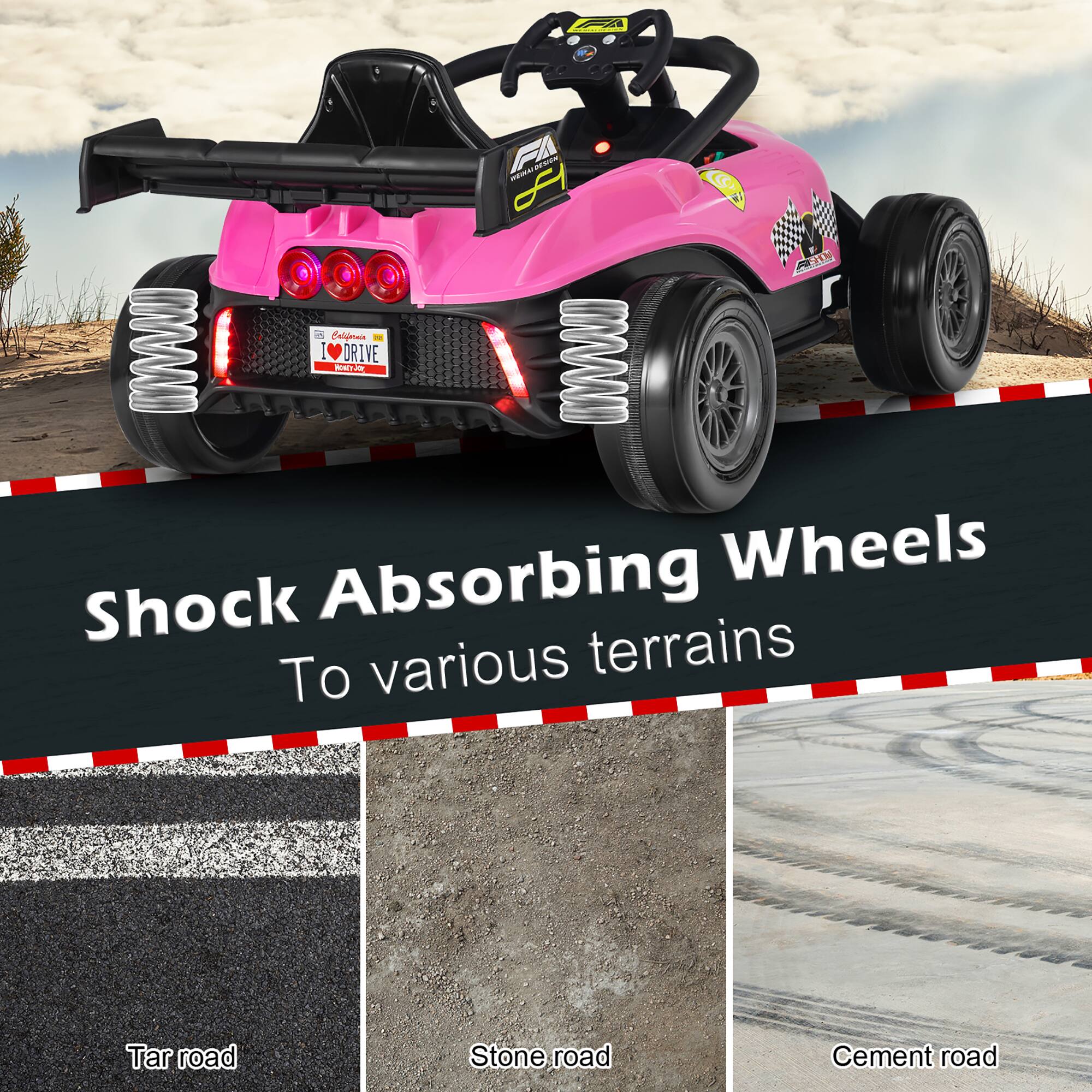 Shock Absorbing Wheels  
To various terrains  

Tar road  
Stone road  
Cement road