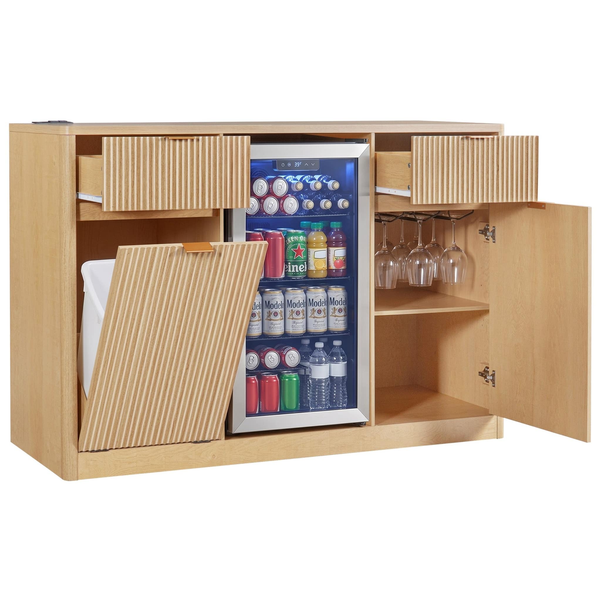 "Forest'nSky - 59"" Coffee Bar Cabinet with Fridge Space & Tilt-Out Trash Cabinet,Glass Holder in Natural - Natural Oak" price history on PriceWatchPro