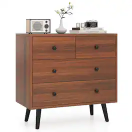 Costway - 4 Drawer Dresser for Bedroom Wide Chest of Drawers with Metal Guide Rails - Walnut