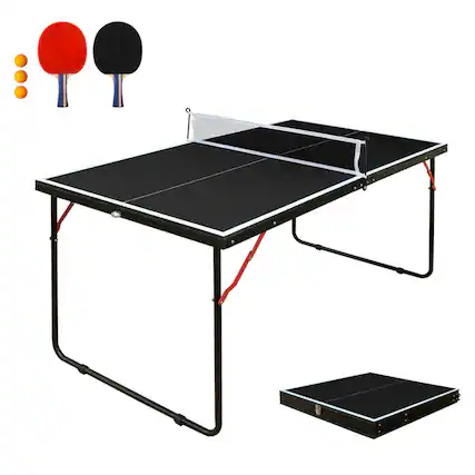 Front. HTUTWOO - Table Tennis Table Set 4.5ft - Foldable & Portable Ping Pong Table with Net, 2 Paddles for Indoor Outdoor Game - Black.