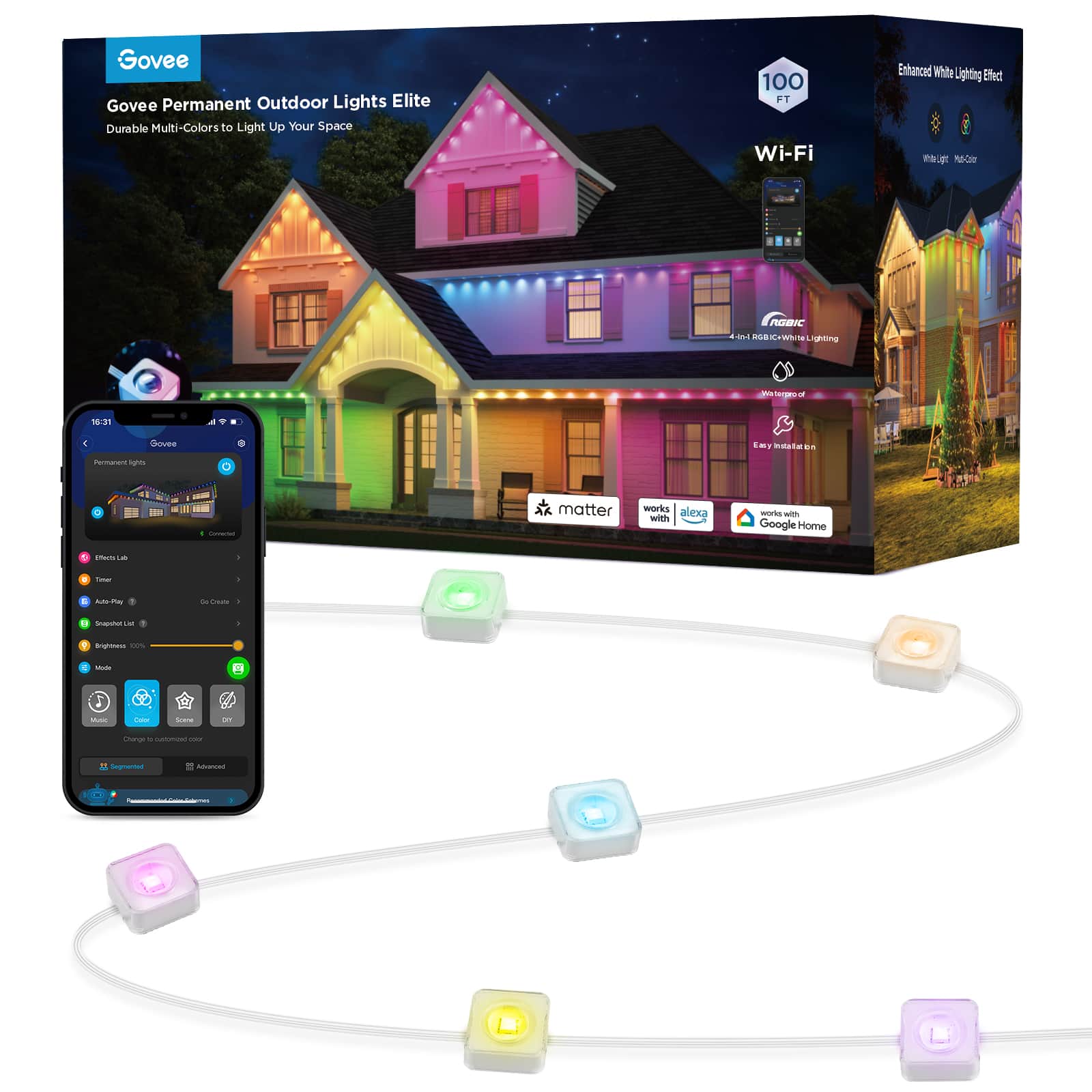 Govee Permanent Outdoor Lights Elite Durable Multi-Colors o Light Up Your Space 100 FT Wi-Fi Enhanced White ghting Efect F Md BIC aA I - ighting W 1631 Govee Emy mastes .. nr - . . - | matter works alexa with | mnris with Google Home - - - - - - i 1 Smapaue n - R 2 - - - I - - - - Segmantas Msout