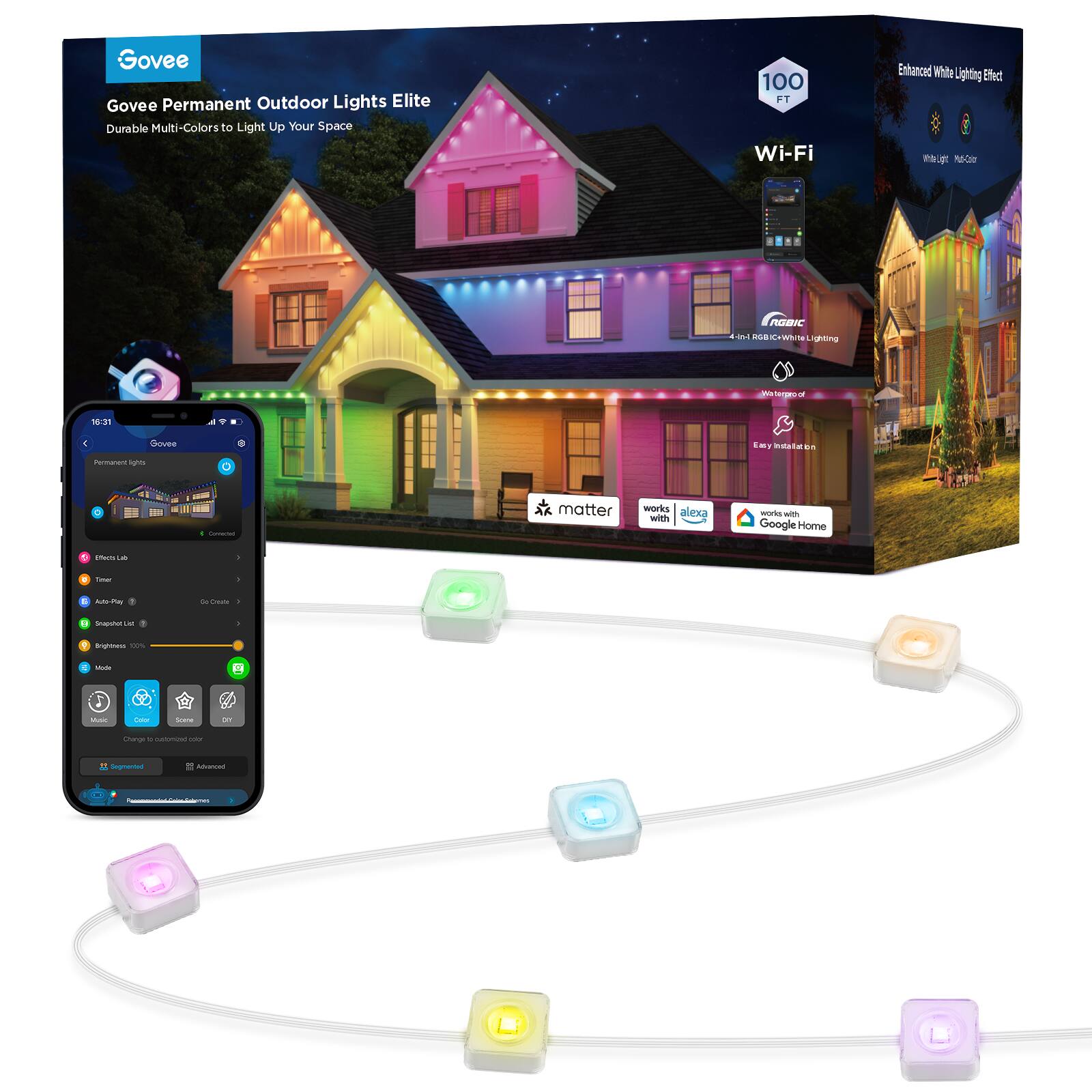 Govee Permanent Outdoor Lights Elite Durable Multi-Colors o Light Up Your Space 100 FT Wi-Fi Enhanced White ghting Efect F  Md BIC  aA I - ighting  W 1631  Govee Emy mastes .. nr - . . - | matter works alexa with | mnris with Google Home - - - - - - i 1 Smapaue  n  - R 2 - - - I - - - - Segmantas Msout